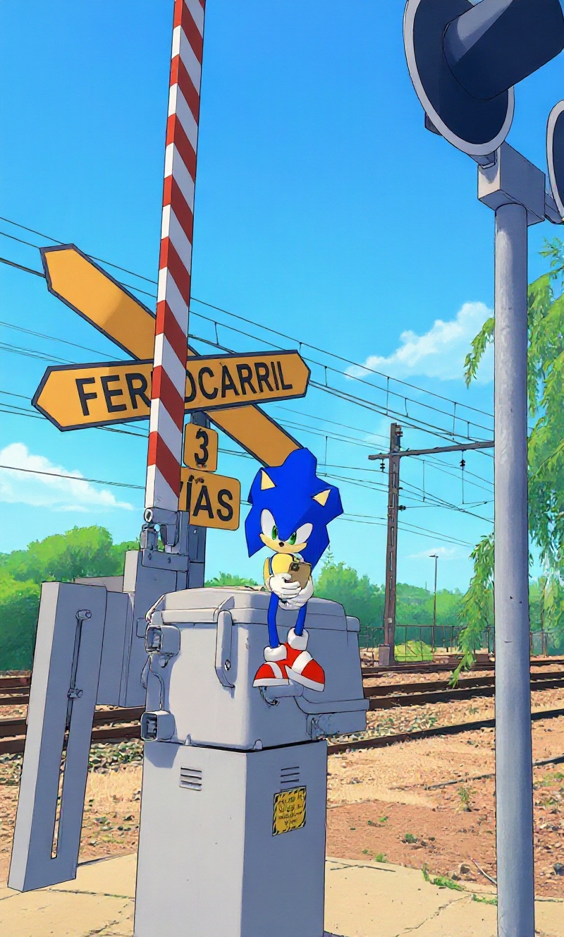 Sonic sentado en un Guardacruces