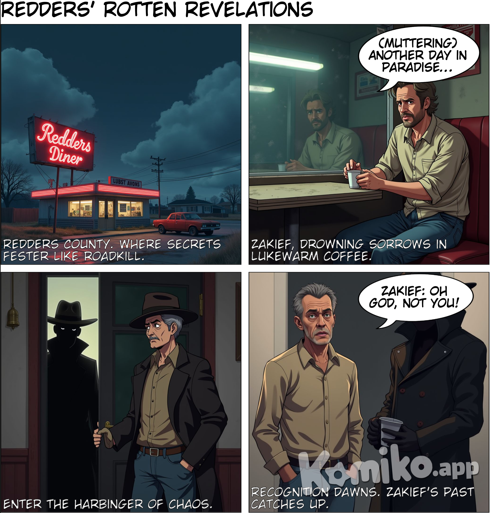 Okay, here are some comic panels based on your prompts, focusing on building the tension and setting up the key players:  Panel 1  Image: Wide shot of a rundown diner, "Redders Diner", with neon sign flickering. The diner is in a desolate, slightly rainy Redders County. A single car is parked outside. Caption: "Redders County. A place where secrets go to fester." Panel 2  Image: Inside the diner. Zakief, mid 40s, looks exhausted and haggard, with dark circles under his eyes. He's sitting at a booth, stirring a half-empty coffee with a spoon. Sp