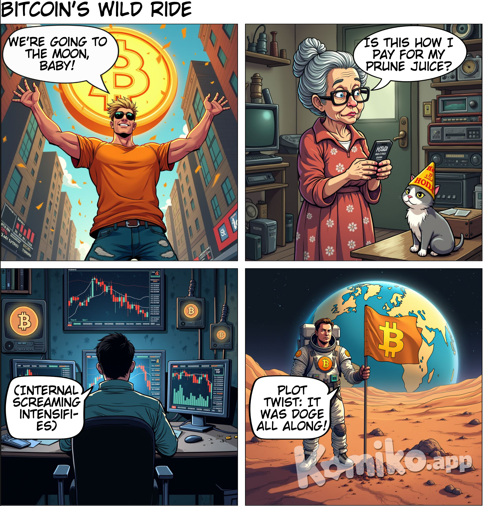 A giant Bitcoin logo glowing like a golden sun, surrounded by soaring price charts and confetti. The scene is electric—people in the sA giant Bitcoin logo glowing like a golden sun, surrounded by soaring price charts and confetti. The scene is electric—people in the streets cheering, monitors showing the price skyrocketing past $100,000.treets cheering, monitors showing the price skyrocketing past $100,000. Caption: "Bitcoin breaks records—$100K and climbing! The world watches in awe."  Neon signs flash "HODL!," influencers livestream on giant screens, and a ticker scrolls with headlines like “Crypto: The Future is Here!”