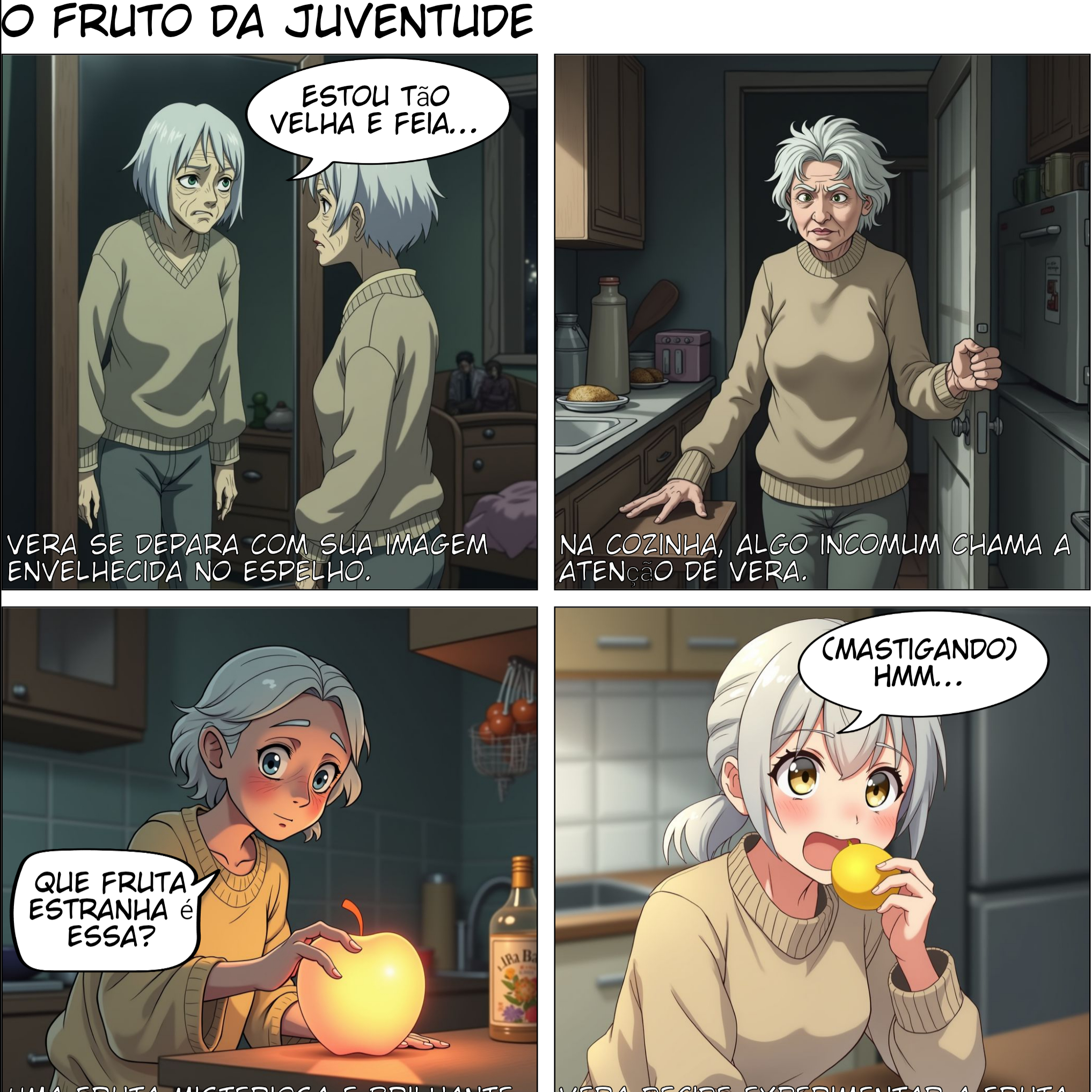 Uma senhora chamada Vera muito velha, com cabelos brancos, pele enrugada está triste com sua idade, pois se sente muito feia. Ela vai até sua cozinha e acha uma fruta muito estranha que se parecia com uma maçã mas que tinha um forte brilho. Ela então come essa fruta e de repente ela está ficando jovem novamente. Seu rosto fica cada vez mais belo, sua pela ficou lisa, seu cabelos enormes e escuros, seus lábios carnudos, seus peitos ficam gigantes a ponto de até rasgarem sua blusa, sua cintura fica tão fina quanto a de uma bailarina, sua bunda e suas coxas ficaram enormes deixando seu short muito apertado. No final da história Vera se sente bem com seu novo corpo.