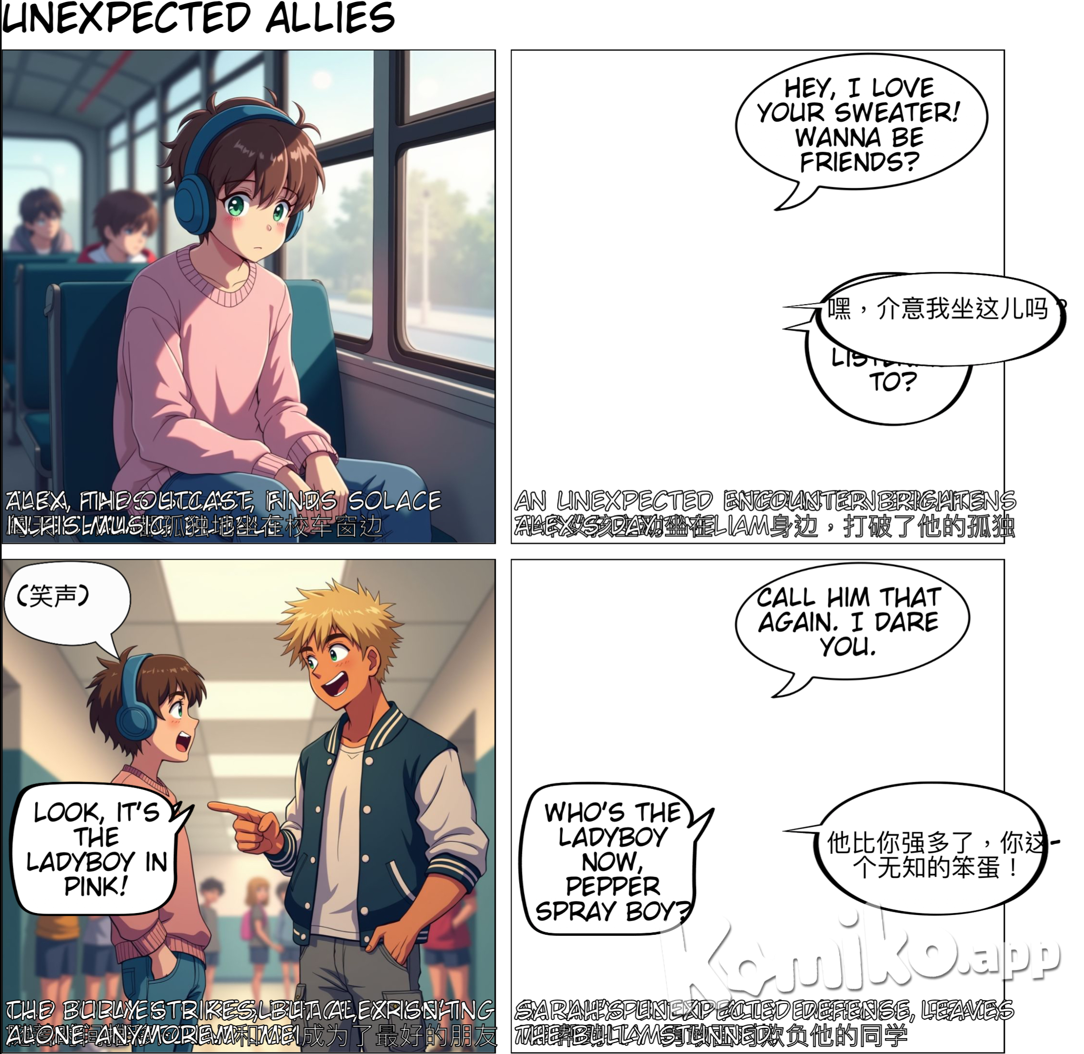 A homo teenager boy who likes to wearing headphones and sit on the window seat, one day a girl sitting next him and talks with him then they become bestie and the girl helps him to fight back to his classmates who calls him ladyboy 