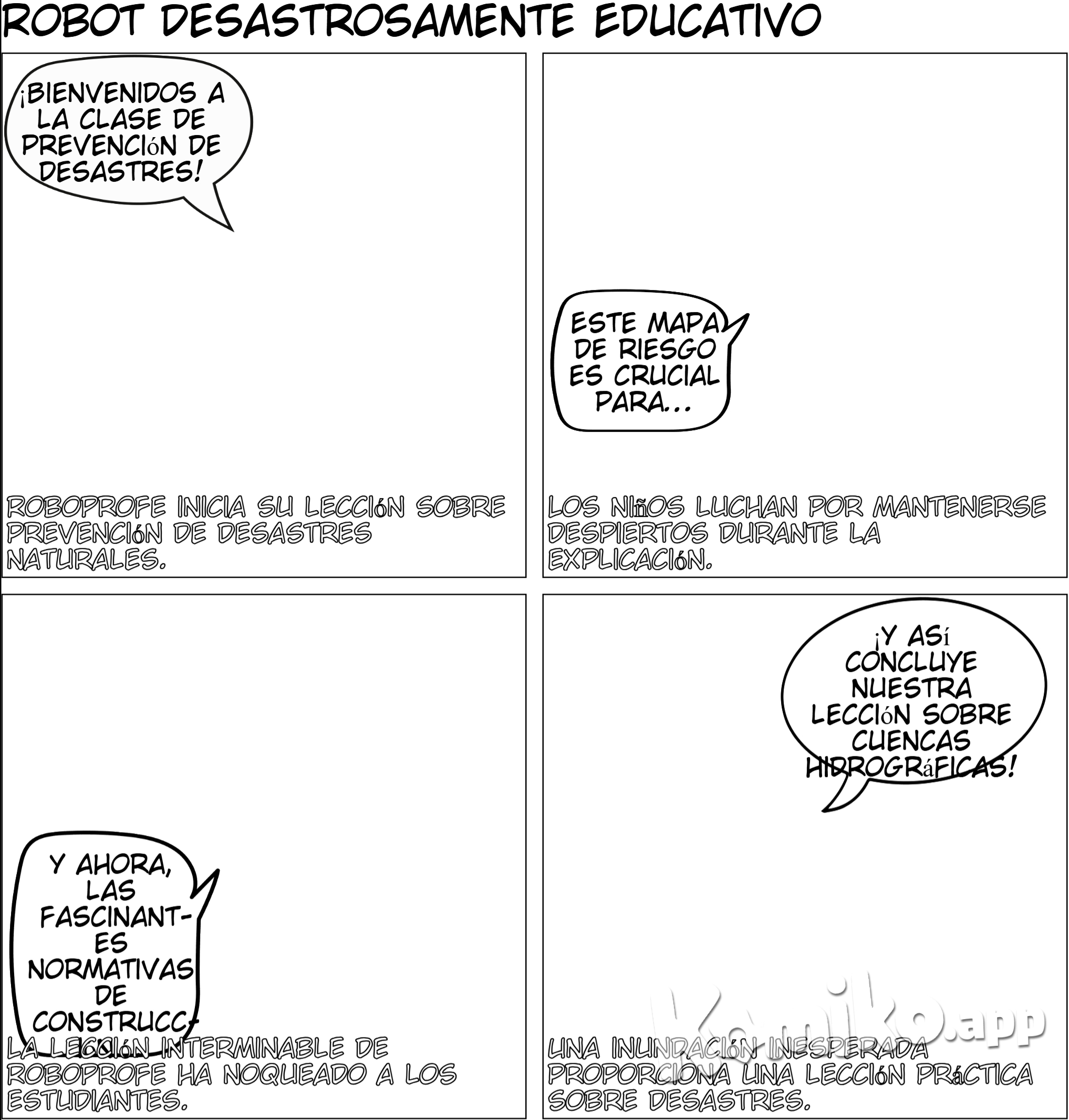 Robot que enseñe a dos niños sobre los tipos de prevencion de desastres naturales, elaboracion de mapas de riesgo,normativas y codigos de construccion, sistemas de alerta temprana, planes de evacuacion y simulacros,proteccion de cuencas hidrograficas, educacion y concienciacion, monitoreo sismologico, rescate y atencion medica de emergencia, desarrollo de infraestructura resiliente,planeacion urbana y uso del suelo