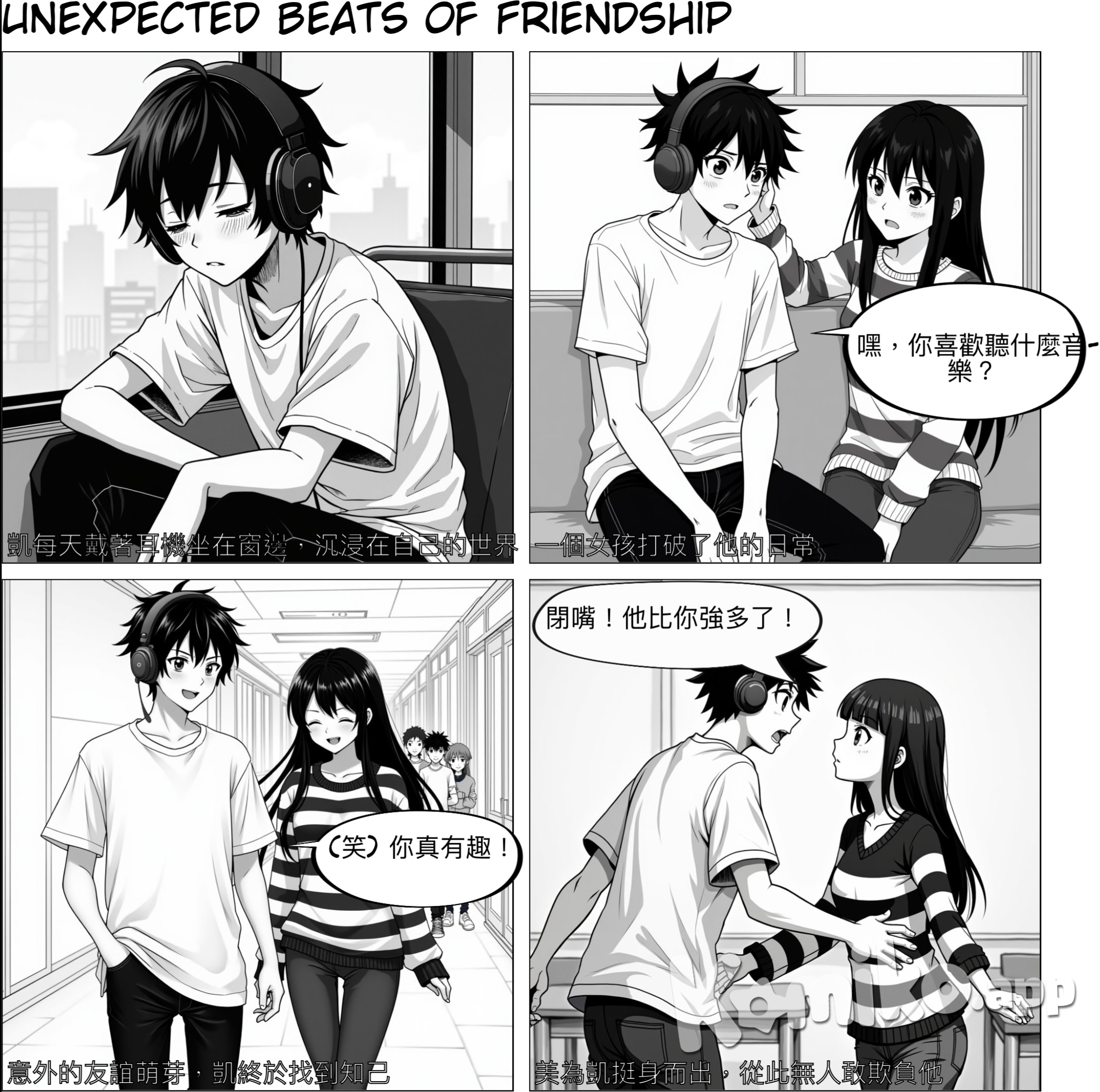 A homo teenager boy who likes to wearing headphones and sit on the window seat, one day a girl sitting next him and talks with him then they become bestie and the girl helps him to fight back to his classmates who calls him ladyboy 