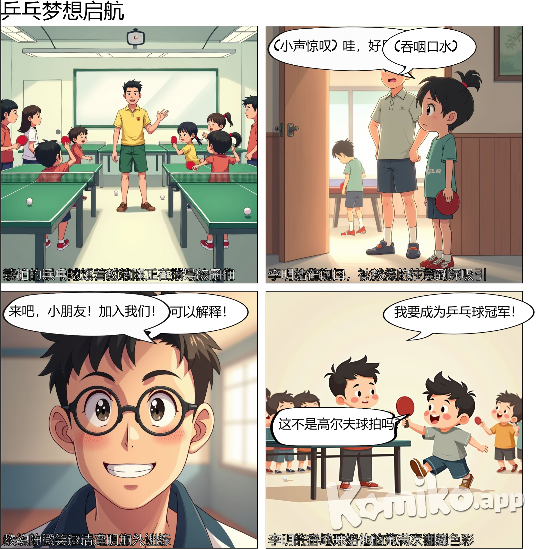 场景：乒乓球馆内 5. 全景：展示馆内的环境，孩子们在打球，教练陈在指导。 6. 中景：李明站在门口，被教练陈注意到。 7. 特写：教练陈微笑邀请李明加入。 8. 中景：李明兴奋地跑向球桌，开始他的第一次训练。