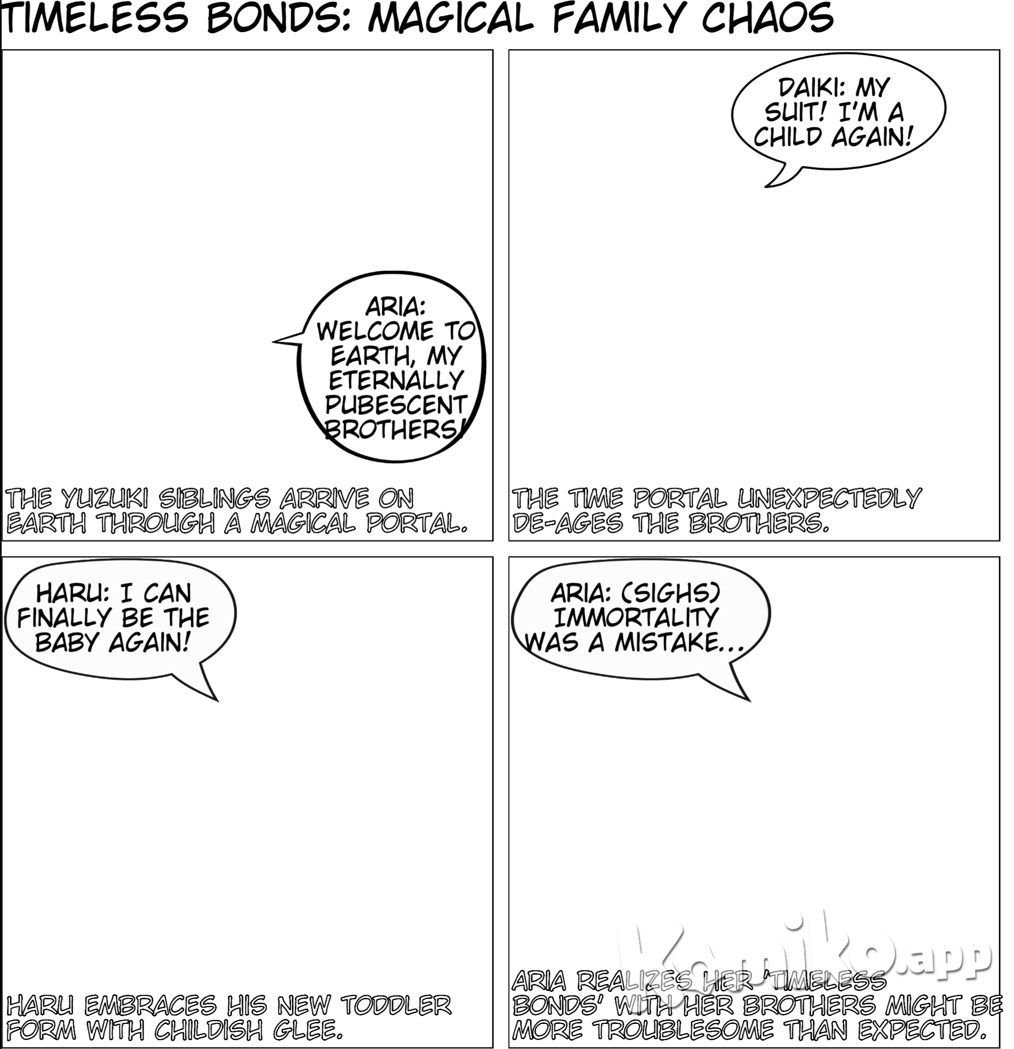 Title: Timeless Bonds  Page 1: Introduction to the World and Characters  Scene: A mystical portal opens in a secluded forest, glowing with ancient energy. Stepping through are Aria Yuzuki (female lead) and her three brothers, Daiki, Riku, and Haru.  Aria: A young woman, around 16 in appearance but ancient in reality, with flowing dark blue hair and sharp, intelligent gray eyes. She wears an elegant, dark robe with silver linings that accentuate her noble, mystical aura.  Daiki: The eldest, appearing around 24, has short, dark hair and piercing gray eyes. He wears a black tailored suit, adding to his authoritative presence.  Riku: The second brother, looking 16, has blue-gray hair tied back and bright, artistic eyes. He wears a stylish black turtleneck with a loose brown jacket, embodying a laid-back but creative aura.  Haru: The youngest, with short dark blue hair and glowing gray eyes, looks about 10 but has a confident, playful expression. He wears a casual white hoodie and jeans, exuding youthful charm.