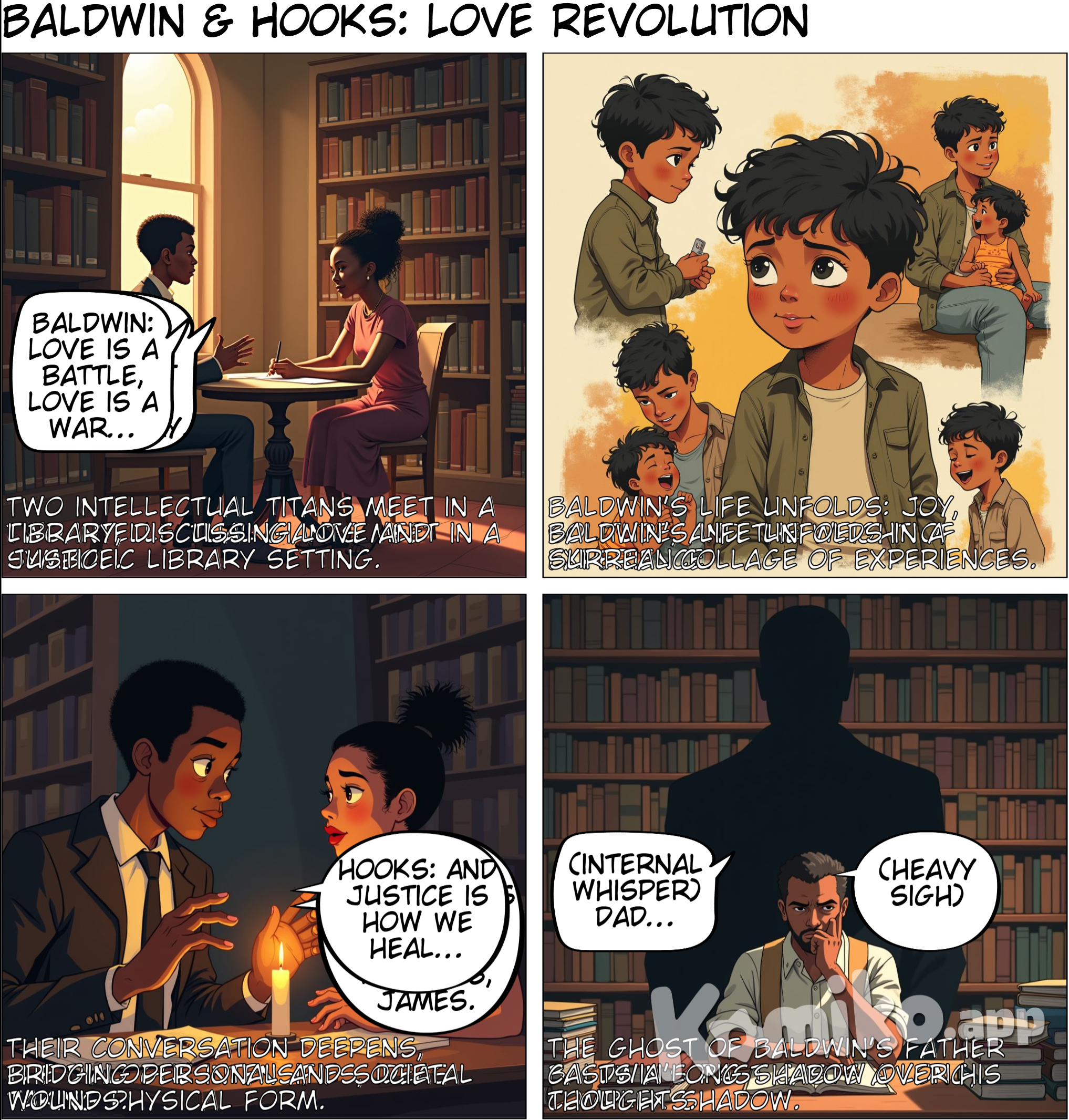 PANEL 1 Visual: *In library* Hooks and Baldwin are seated across a small round table in a cozy library. The warm tones of arched windows and rows of bookshelves create an inviting, intellectual space. Baldwin gestures thoughtfully while Hooks listens with a soft smile, wearing her signature glasses and scarf. Hooks sits near shelves labeled "Love & Healing," surrounded by soft light. Baldwin is seated in a darker area near shelves labeled "Justice & Hardship.  Panel 2: (Zine/collage) Visual: *Collage of Baldwin with people* A zine-style collage featuring Baldwin in different contexts: with family, friends, and alone in moments of solitude. Include a young Baldwin playing with a child, laughing with a friend, and sitting in reflection. Use layered textures and abstract elements to highlight themes of love, discipline, and loss. Vintage-style tones of browns, oranges, and muted yellows evoke warmth and nostalgia.  Panel 3 Visual: *Back to library* (Large panel, multiple dialogue) back in the library, Baldwin and Hooks engage in a reflective and respectful dialogue. The table between them now holds a candle or cup of coffee, symbolizing intimacy and warmth. Baldwin gestures passionately, his thoughts taking shape through the shadows or light surrounding him. Hooks listens, leaning slightly forward, exuding empathy and curiosity.   Panel 4 Visual: Baldwin is sitting deep in thought, with the looming shadow of his father projected behind him. The shadow is large and slightly distorted, reflecting the emotional weight of Baldwin’s memories. The warm tones of the library are contrasted by the darker, heavier shadow, symbolizing tension and unresolved feelings.  Panel 5 (Zine/collage) Visual: A zine-style collage juxtaposing scenes from Baldwin’s childhood memories with symbolic imagery. A man (Baldwin's father) carries watermelons on one side, while a smashed watermelon lies in another corner, representing anger and fragility. Abstract overlays, muted summer hues, and textures like cracked glass or water stains convey emotional fragility and pain.  Panel 6 (Zine/collage) Visuals: Now, focus is on Hooks sitting in the library, her thoughts visualized through a metaphorical scene: a frightened dog curled up in the corner, with a gentle hand reaching out to offer comfort. Subtle visual cues (e.g., the dog mirroring Hooks’ own emotions) tie back to themes of fear, mistrust, and healing. The scene balances somber tones with a glimmer of hope.  Panel 7:  Visual: Hooks and Baldwin across the table in the library (like in panel 3)  Panel 7.5 Visual: Baldwin closes his eyes. The scene transitions to a dimly lit room where young Baldwin sits on a bed, holding a book. Adult Baldwin watches from the doorway.  Panel 8 *Hooks shrouded by light* Visual: The adult Baldwin and his inner child turn toward Hooks, who appears like a guiding light.  Panel 9 (Zine/collage)  Visual: Baldwin is sitting, watching a group of men laughing and posturing in the distance. His face is contemplative, and the scene subtly juxtaposes his own vulnerability against the societal expectations of masculinity. The use of shadows or broken reflections (e.g., in a glass) hints at internal conflict.  Panel 10(Zine/collage)  Visual: Back at the library table, Baldwin leans forward passionately as he speaks about love as a radical act. Hooks responds with a serene yet thoughtful expression, one hand resting on her chin. Highlight Hooks’ and Baldwin’s black hands. The background light grows warmer, symbolizing the emotional weight and hope of their exchange.  Panels 11 and 12  Visual: Both Hooks and Baldwin are still at their table in the cafe library, while a flashback emerges from Baldwin to Baldwin’s childhood: his stepfather looms large in a dimly lit room, his mother bent over with exhaustion. Baldwin stands in the corner, watching silently + same for hooks*  Panel 13  Visual: A memory panel of young Hooks, sitting in her room, clutching a letter she never sent. The window shows a dim rainbow.  Panel 14 (Zine/collage) Visual: collage of segregation and pride  Panel 15 Visual: back at the library  Panel 16( Zine/collage) Visual: Baldwin with a black heart on their shirt  Panel 17 Visual: Baldwin and Hooks sit at the library table surrounded by floating letters, words, and phrases that form into abstract shapes around them. This symbolizes the transformative power of language and storytelling in shaping lives and societies.nHooks with light behind her once again  Panel 18: (Zine/collage) Visual: Baldwin’s memory of Harlem: a father yelling, a mother crying. Hooks’ memory: young girls holding hands but pulling away as adults glare. The scenes merge into a single image of a child standing alone in the middle of the street  Panel 19 Visual: The room brightens slightly. Behind Baldwin and Hooks, a new generation appears—diverse children holding hands, their faces lit with hope.  Panel 20 (Zine/collage) Visual: Something like 2 Fridas, two hearts connected  Panel 21 Visual: hopeful final image. Baldwin and Hooks are outside now, planting seeds in a garden surrounded by diverse families. The garden grows into a vibrant tree.