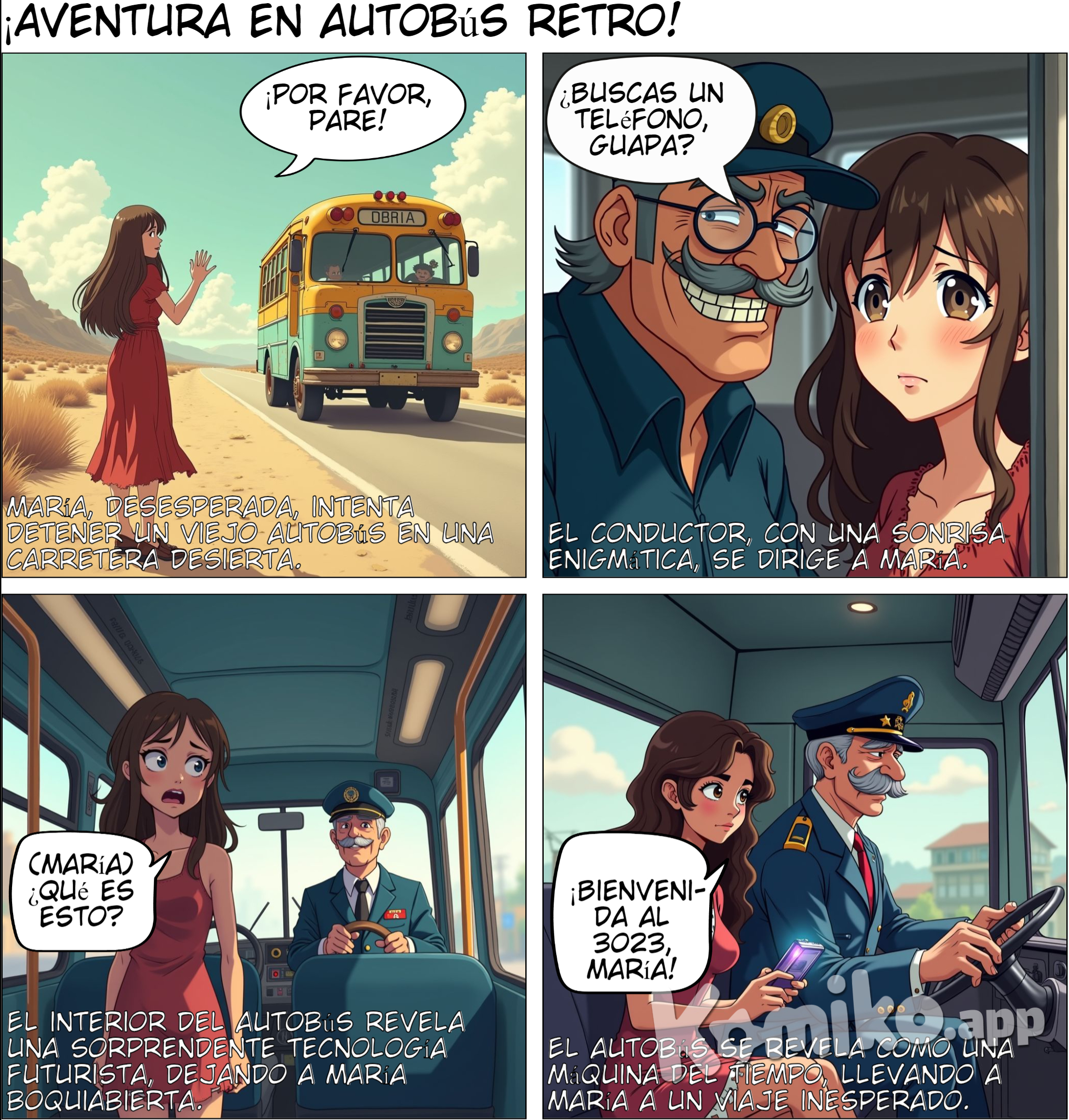  Resumen : María se encuentra con un autobús que pasa por la carretera. Ella le pide al conductor que la lleve a un lugar donde pueda encontrar un teléfono. El autobús parece antiguo, pero el conductor acepta ayudarla.  Mensaje clave : Escena destacada:continua con los personajes del comic anterior para continuar la secuencia