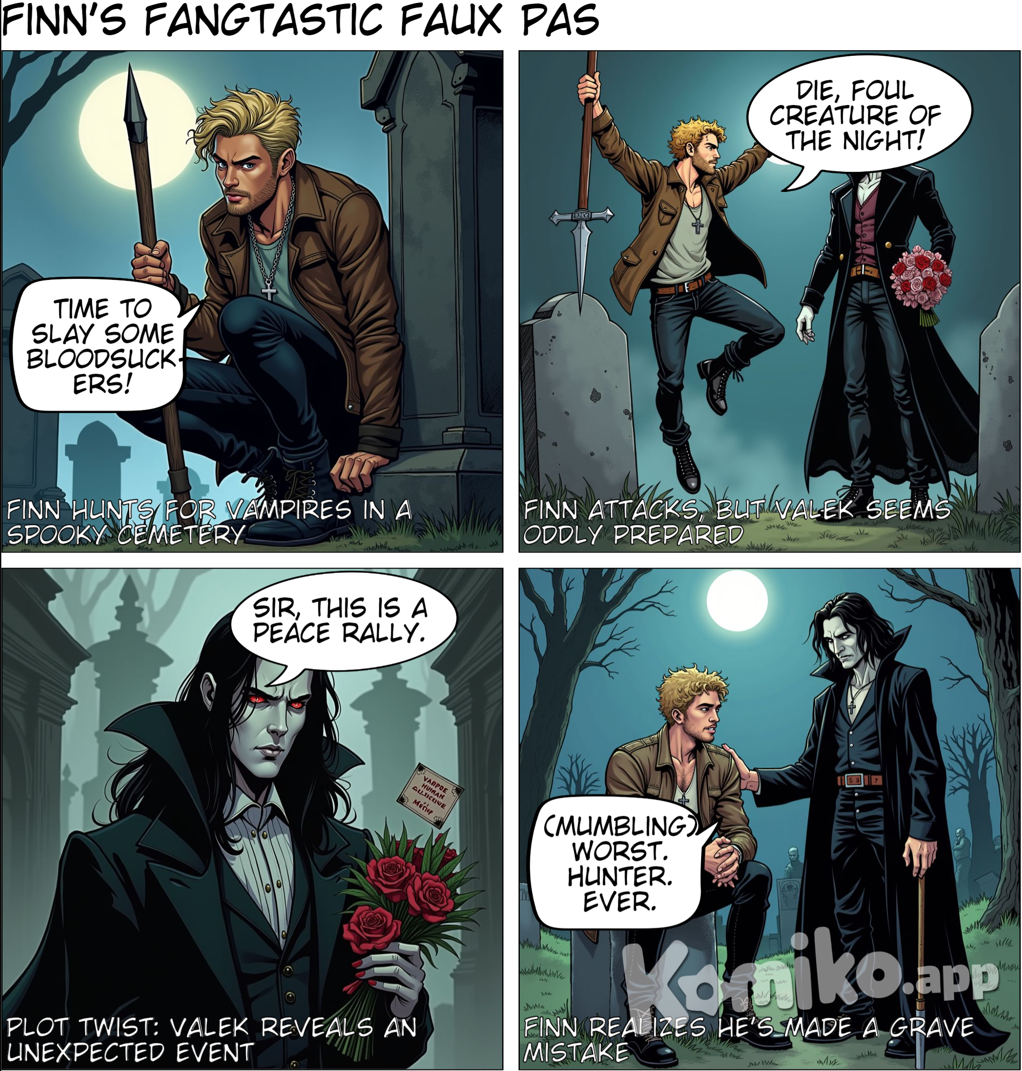 Character 0 is Finn the Vampire Hunter, description: A young man in his late 20s with curly blonde hair, blue eyes, short beard and a chiseled jawline. He wears a worn leather jacket, tight black jeans, and combat boots. A silver cross pendant hangs around his neck... he is hunting monstrous master of the night looking like Valek from the movie Wes Craven Vampires