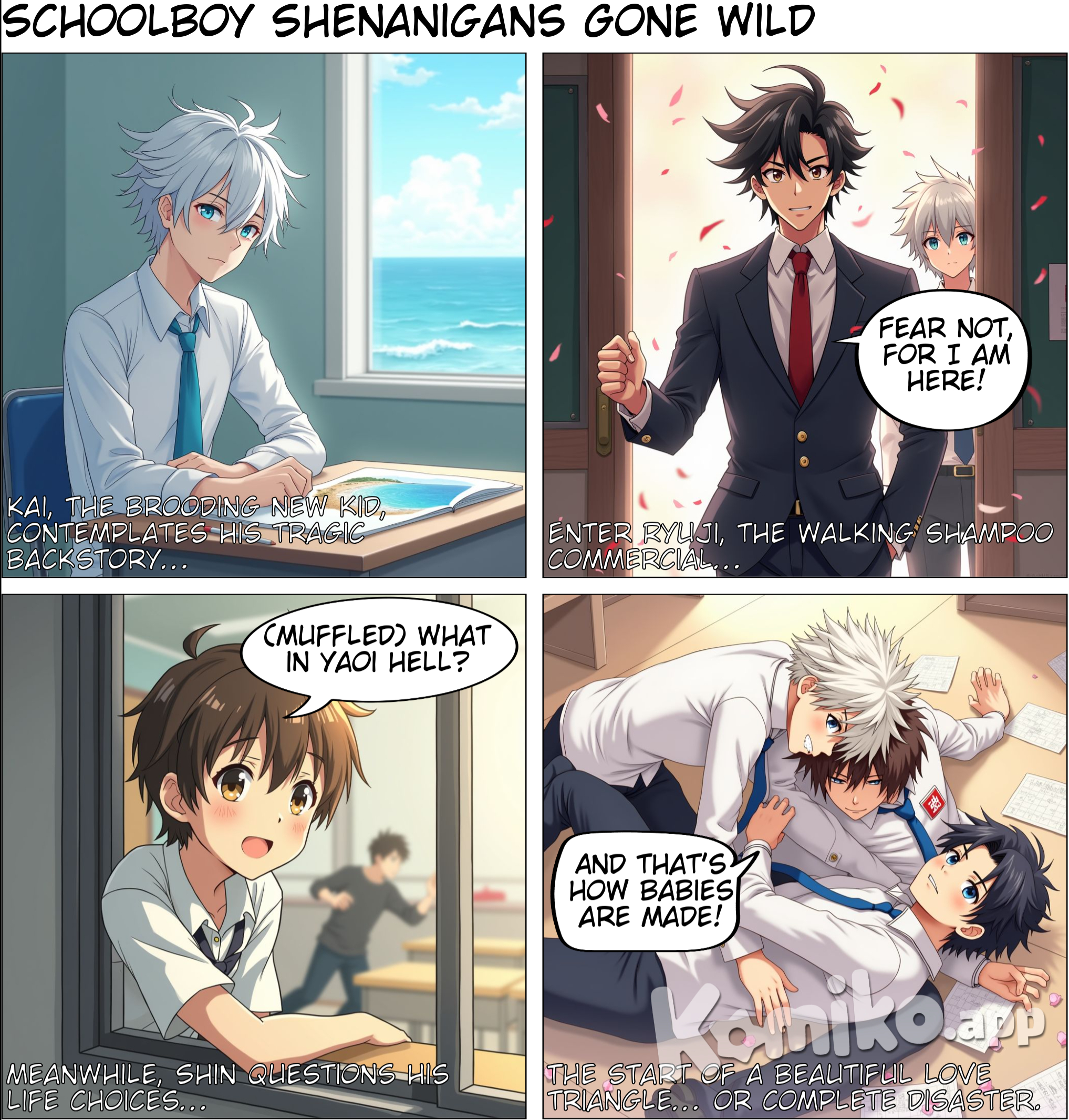 Title: Windswept Hearts Genre: Romance, Drama, Slice of Life, School Life, Boys’ Love Setting: An elite all-boys academy situated near the seaside, known for its strict rules, high expectations, and competitive environment. The school attracts students from different social and economic backgrounds, creating a blend of privilege and tension among the students. Main Characters: Kai Hayashi (18): Appearance: Kai has white hair and sky-blue eyes, giving him a striking and somewhat mysterious look. He’s quiet, often lost in thought, and seems to avoid drawing attention. Personality: Kai is reserved, keeping everyone at a distance. His painful past has left him emotionally guarded, and he finds solace in sketching and watching the sky. His calm demeanor hides an ocean of unresolved trauma and yearning. Background: Kai transferred to the academy for his last year of high school, and though he excels academically, he struggles with fitting in. The only place he feels at peace is by the sea, where he often goes to draw. Ryuji Nakamura (18): Appearance: Ryuji has jet-black hair and sharp, intelligent eyes. He’s tall, athletic, and popular, with a reputation as the school’s top student and a rising star on the swim team. Personality: Outwardly confident and charming, Ryuji is admired by students and teachers alike. However, beneath his perfect image is a deep loneliness. He’s under constant pressure from his family and school to be the best, leaving him emotionally exhausted. Background: Ryuji comes from a wealthy family with high expectations. He’s spent his entire school life trying to be perfect, but the pressure is starting to crack his façade. Shin Takeda (17): Appearance: Soft brown hair and gentle, warm eyes. He has a boy-next-door charm and a cheerful smile that makes him instantly likable. Personality: Shin is kind-hearted, outgoing, and always there to lend a helping hand. He’s empathetic, sensing when others are hurting, but he’s also prone to putting others’ needs ahead of his own. Background: Shin has been at the academy for several years and is friends with almost everyone. He’s known for helping new students fit in, and despite his friendly exterior, he harbors secret feelings of inadequacy, especially in romance. Plot Summary: Act 1: The Meeting Kai arrives at the academy for his final year, hoping to finish school quietly and leave his troubled past behind. His aloofness immediately catches the attention of Ryuji, the school’s golden boy, who can’t help but be intrigued by this enigmatic new student. Despite their initial interactions being strained, Ryuji starts to feel a strange pull toward Kai, unable to explain why this quiet boy captivates him so much. Meanwhile, Shin is tasked with showing Kai around the school. While Kai appreciates Shin’s kindness, he keeps his distance, hesitant to let anyone get too close. However, Shin quickly develops feelings for Kai, drawn to his quiet strength and vulnerability. Act 2: Emotional Collision As Ryuji and Kai’s paths cross more often—especially near the seaside, where Kai spends his free time—they begin to develop an unexpected connection. Ryuji, who has always appeared perfect to others, feels strangely free around Kai, who doesn’t expect anything from him. Their conversations, though brief and sometimes awkward, become the highlight of Ryuji’s days. At the same time, Shin grows increasingly frustrated by his inability to break through Kai’s walls. He feels conflicted, knowing Ryuji is also drawn to Kai, and worries that their friendship might be at risk if his feelings get in the way. Act 3: Hidden Depths As Ryuji and Kai’s bond deepens, Ryuji begins to unravel the pain behind Kai’s quiet demeanor. He learns about Kai’s abusive past and, in turn, reveals his own struggles with living up to impossible expectations. Kai’s artistic talent and love for the sea become a metaphor for their emotional healing, as both boys start to feel less alone in their struggles. However, just as things seem to be going well, rumors start to spread throughout the school about Ryuji’s growing closeness to Kai, threatening Ryuji’s reputation as the perfect student. Both boys are forced to confront their feelings as they navigate the pressures of school, family, and society’s expectations. Act 4: The Confession Amid the growing tension, Shin confesses his feelings to Kai, causing a rift between the three boys. Kai is torn, unsure of how to respond, while Ryuji wrestles with jealousy and his own fears of losing someone he finally feels connected to. In a dramatic confrontation at the seaside, Ryuji finally admits his feelings for Kai. Kai, still afraid of getting close to anyone, must decide whether to open his heart or retreat back into the safety of emotional distance. Act 5: Resolution Through a series of emotional confrontations and moments of vulnerability, Kai realizes that he no longer wants to run from his feelings. With the help of both Ryuji and Shin, he begins to find healing. Though Shin accepts that Kai may never feel the same way about him, their friendship remains strong, and he continues to support them. Ryuji, in choosing Kai over the expectations of others, learns to prioritize his own happiness, and together, they embark on a journey of self-discovery and love.