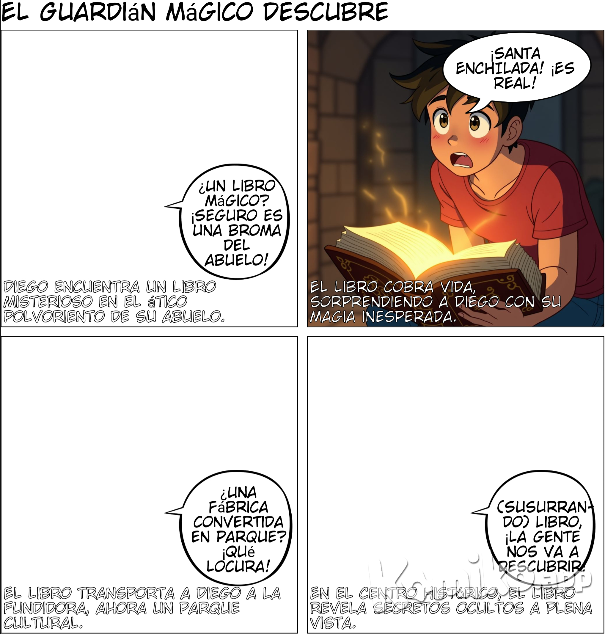 ### Guion para cómic: "El Guardián del Patrimonio"  ---  #### Capítulo 1: Nuevo León **Escena 1: En el ático del abuelo** - **Viñeta 1**:    Diego está explorando un polvoriento ático lleno de cajas viejas. Se ve curioso y emocionado. La luz entra por una ventana pequeña, iluminando un antiguo libro en una mesa.     *Texto*: "En un pequeño pueblo de Nuevo León, Diego, un joven apasionado por la historia, encontró algo que cambiaría su vida."   *Diálogo (Diego)*: "¿Qué es esto? Un libro tan viejo... pero parece... mágico?"  - **Viñeta 2**:    Diego abre el libro y de repente una luz brillante sale de sus páginas, iluminando su rostro con asombro.     *Texto*: "Un libro lleno de secretos sobre los maravillosos lugares de México."   *Diálogo (Diego)*: "¡Esto es increíble! ¡Debe ser un mapa!"  **Escena 2: La Fundidora de Monterrey** - **Viñeta 3**:   Diego llega a la Fundidora de Monterrey, un lugar que combina la historia industrial con la modernidad. Vemos grandes fábricas transformadas en un parque cultural.     *Texto*: "De regreso en Nuevo León, Diego visitó la Fundidora, un símbolo de innovación."   *Diálogo (Diego)*: "¡Esto era una fábrica enorme, pero ahora es un espacio donde todos pueden disfrutar del arte y la historia!"  **Escena 3: Centro Histórico de Monterrey** - **Viñeta 4**:   Diego camina por el Centro Histórico de Monterrey, admirando los edificios antiguos y monumentos.     *Texto*: "En el Centro Histórico de Monterrey, Diego descubrió cómo la ciudad ha crecido y cambiado a lo largo del tiempo."   *Diálogo (Diego)*: "¡Mira todos estos edificios! ¡Cada uno tiene una historia que contar!"  **Escena 4: Boca de Potrerillos** - **Viñeta 5**:   Diego, ahora en Boca de Potrerillos, observa asombrado los petroglifos prehispánicos grabados en las rocas.     *Texto*: "Finalmente, Diego llegó a Boca de Potrerillos, donde miles de petroglifos cuentan la historia de los pueblos antiguos."   *Diálogo (Diego)*: "¡Es impresionante! ¡Puedo sentir la conexión con la gente que vivió aquí!"