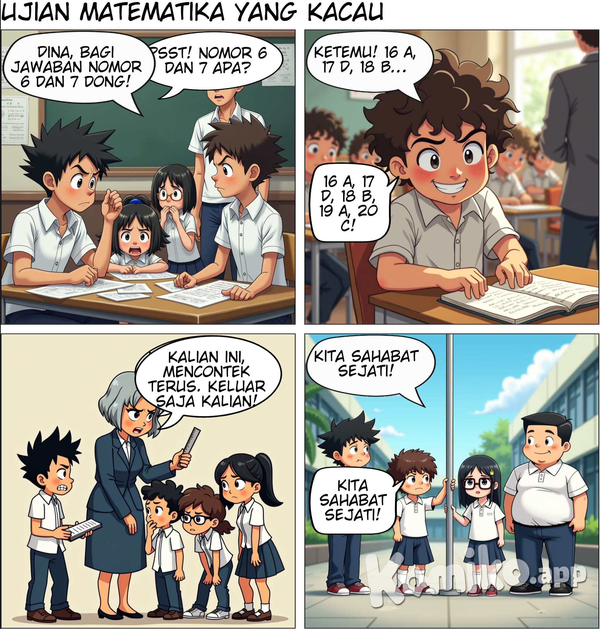 Ruangan kelas terasa sangat dingin dan tegang, karena bertepatan dengan momen ujian semester sekolah. Andi dan Bani duduk sebangku, kemudian ada Siti dan Dina duduk sebangku di depannya, sedangkan Bidu duduk sendiri di samping Bani. Saat itu, matematika adalah mata pelajaran yang sedang diujikan. Semua murid pun tampak kebingungan dan kewalahan saat melihat soalnya. Sehingga, terjadilah percakapan antara para sekawan, Andi, Bani, Bidu, Siti dan Dina. Bani: "Dina, aku mau minta jawaban dari soal nomor 6 dan 7 dong!" Dina: "B dan D" Siti: Kalau nomor 11, 12, dan 13 jawabannya apa Ban?" Bani: "11 A, 12 D, nomor 13 aku belum nih" Andi: "Husssttt... jangan kenceng-kenceng nanti guru dengar lho" Siti: "Soalnya susah sekali, masih banyak yang belum aku kerjakan nih" Kemudian mereka berempat pun memutuskan untuk saling contek menyontek. Namun, tidak dengan di Bidu. Bidu malah terlihat tenang dan mengerjakan soal ujiannya sendiri tanpa bergabung untuk menyontek. Bani: "Bid, kamu udah selesai jawab soal?" Bidu: "Belum, masih 2 soal lagi" Bani: "Aku mau minta jawaban nomor 16 sampai 20 Bid!" Bidu: "Nggak bisa, Ban" Bani: "Lah kenapa? Kita kan sahabat, harus kerja sama" Dina: "Iya Bidu, kita harus kerja sama" Andi: "Iya, kamu kan paling pintar di sini Bid" Bidu: "Tapi bukan kerja sama yang seperti ini harusnya" Siti: "Kenapa emangnya? Cuma beberapa soal doang!" Bidu: "Menyontek atau memberi contekan itu hal buruk sama dengan soda. Aku tidak mau menyontek karena dosa, atapun memberi contekan ke kalian. Aku minta maaf ya" Siti: "Tapi saat ini mendesak Bid" Dina: "Ya Bidu, bantu kami" Bidu: "Tidak, maaf" Andi: "Ya sudah, biarkan. Uruslah urusanmu sendiri Bid dan kami akan urus urusan kami sendiri" (Marah dan kesal) Bani: "Kita lihat buku saja" Bani pun lalu mengeluarkan buku matematika dari kolong mejanya secara diam-diam. Kemudian melihat rumus dan jawabannya. Lalu, Siti menanyakan hasilnya. Siti: "Bagaimana Ban, ada tidak? apa jawabannya? Bani: "Ada. kalian dengar ya. 16 A, 17 D, 18 B, 19 A, 20 C" Namun, suara Bani yang terdengar keras, membuat guru pun mendengarnya. Seketika menghampiri mereka. Guru: "Hey, kalian ini, mencontek terus. Kelar saja kalian!" Mereka berempat pun keluar dari kelas dan dihukum di lapangan untuk menghormati tiang bendera. Bani: "Aku tidak menyangka akan dihukum seperti ini" Siti: "Seharusnya kita belajar ya" Andi & Dina: "Iya benar!" Tiba-tiba Bidu keluar kelas dan menghampiri mereka. Kemudian ia ikut berdiri hormat sama seperti yang lain. Dina: "Kenapa Bid? Kamu dihukum juga?" Bidu: "Tidak, aku ingin menjalani hukuman kalian juga. Kita kan sahabat? Aku ingin kita bersama" Siti: "Aku berharap ini jadi pelajaran untuk kita semua ya" Dina: "Dan tidak boleh diulang lagi" Andi: "Kita sahabat sejati!" Lalu, mereka pun menjalani hukuman dengan tawa dan senyum. Persahabatan akan mengalahkan segala keburukan dan membuat kita tidak akan mengulangi hal buruk lagi.