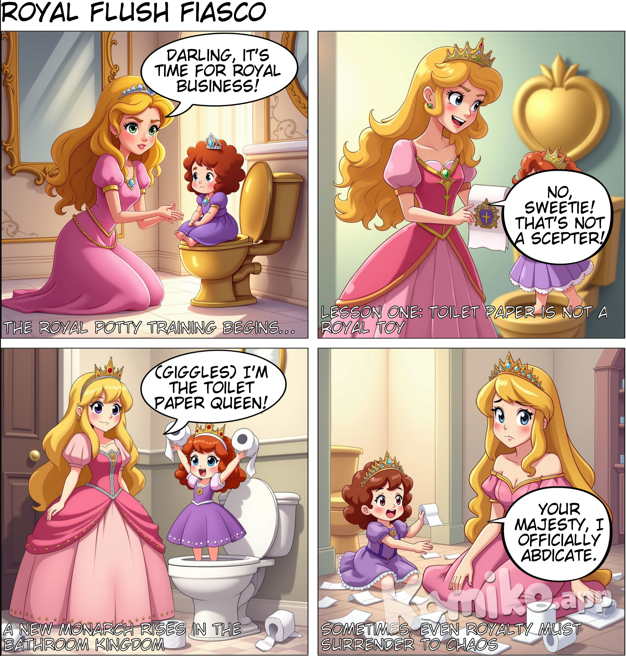 A princess pottytraining her daughter. They use toilet paper.