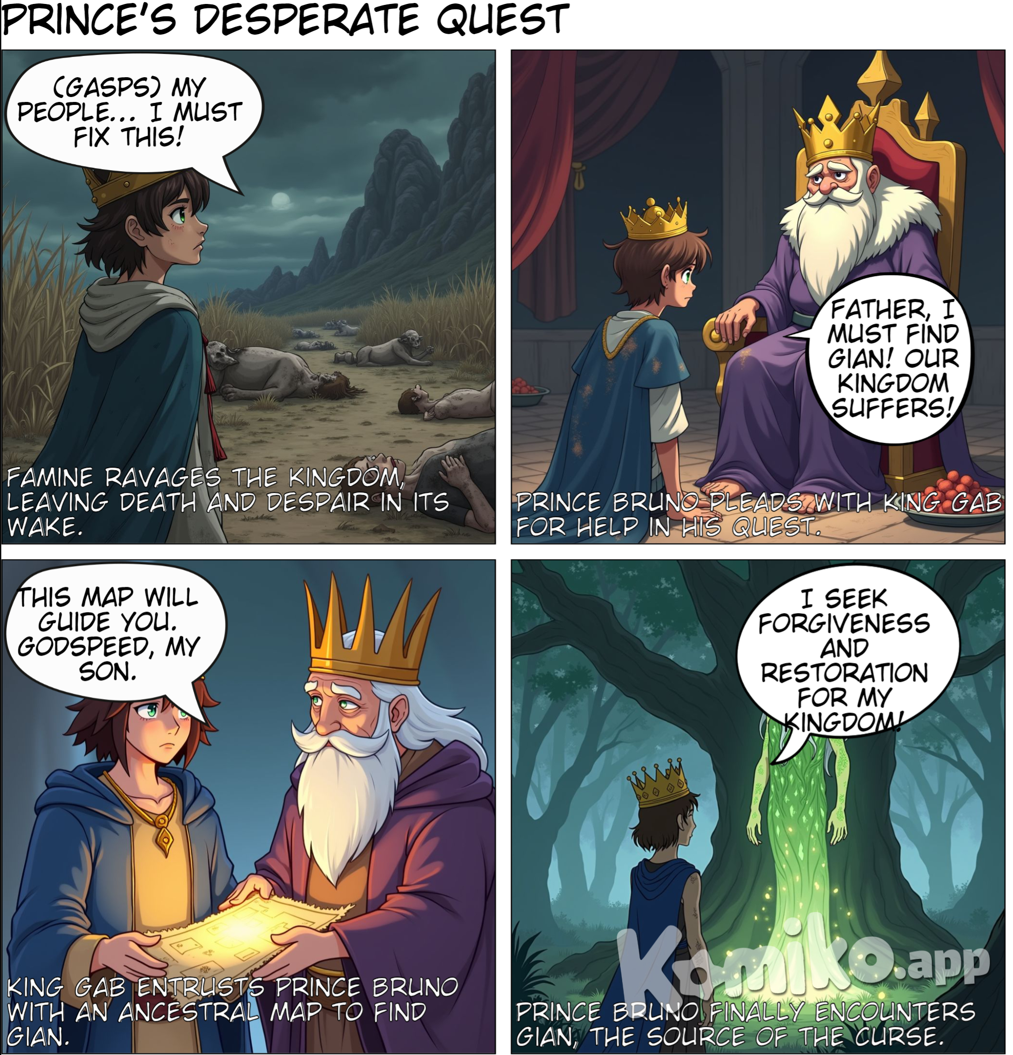 Box 1-Months passed after Gian’s curse, and famine struck the kingdom. Many people died from the lack of food, and they could not find other fruits to eat. Their livestock also perished. Seeing the suffering in the kingdom, Prince Bruno became deeply saddened. Out of love for his people, he decided to seek out Gian and ask for his forgiveness. , Box 2-He went to King Gab to learn where Gian could be found. “My dear king, I want to find the enchanted being and ask him to restore the joy in the Kingdom of Prosperity. I am deeply saddened by what has happened, and I fear for our future. I am not forcing you, but I hope you grant my request,” said Prince Bruno. “Box 3- My son, because of your love for our kingdom, here is a map showing where the enchanted being can be found. This map has been passed down from our ancestor, the first king. I hope you succeed in your journey and return safely to the kingdom,” King Gab responded. box 4-During his journey, Prince Bruno faced many trials, but he finally reached his destination, the tree of the enchanted being. Gian asked the prince about his purpose for coming. “Prince of the Kingdom of Prosperity, why are you here? What do you seek?” asked Gian.