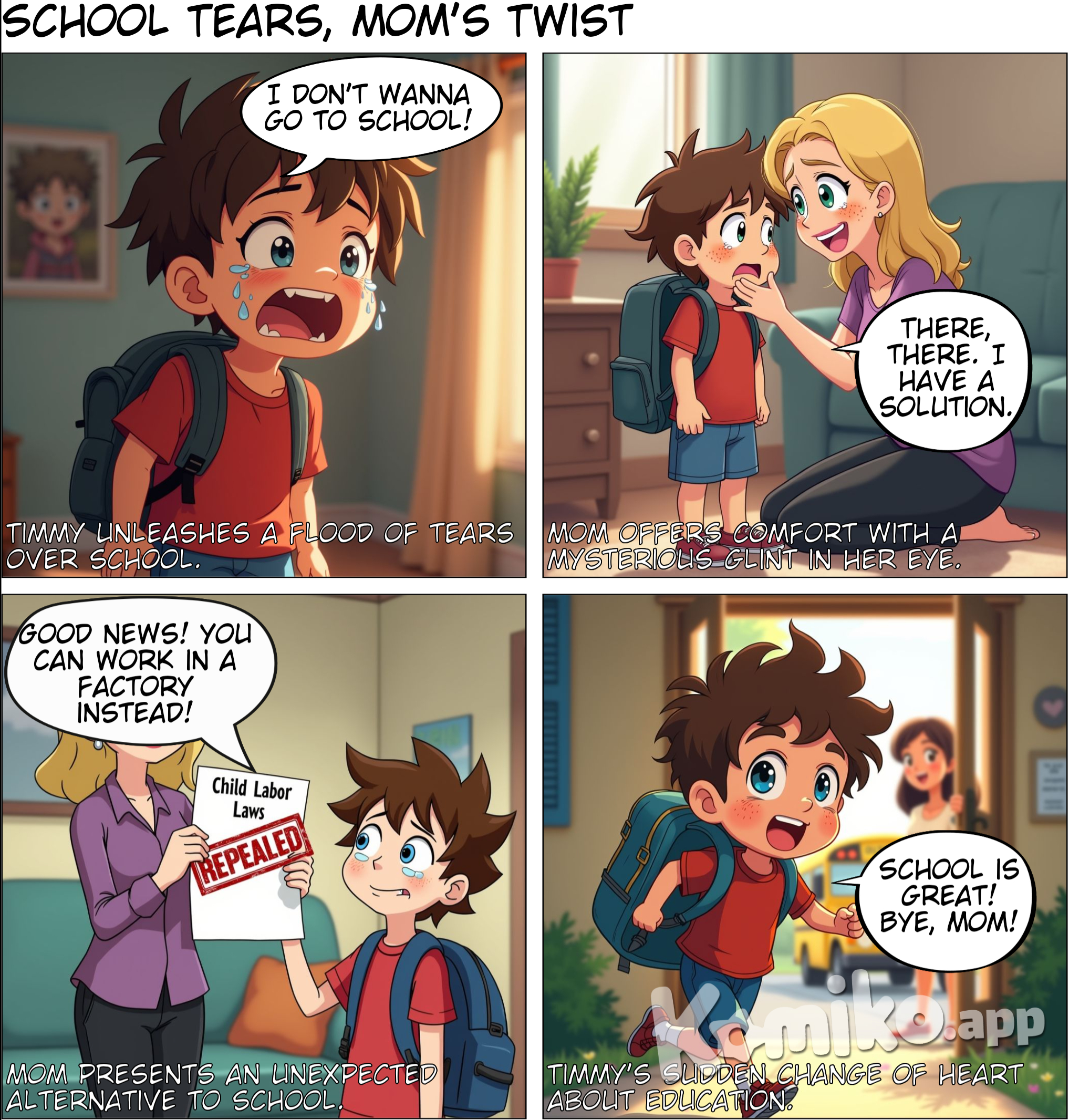 A boy is crying for going to school and his mother console him 