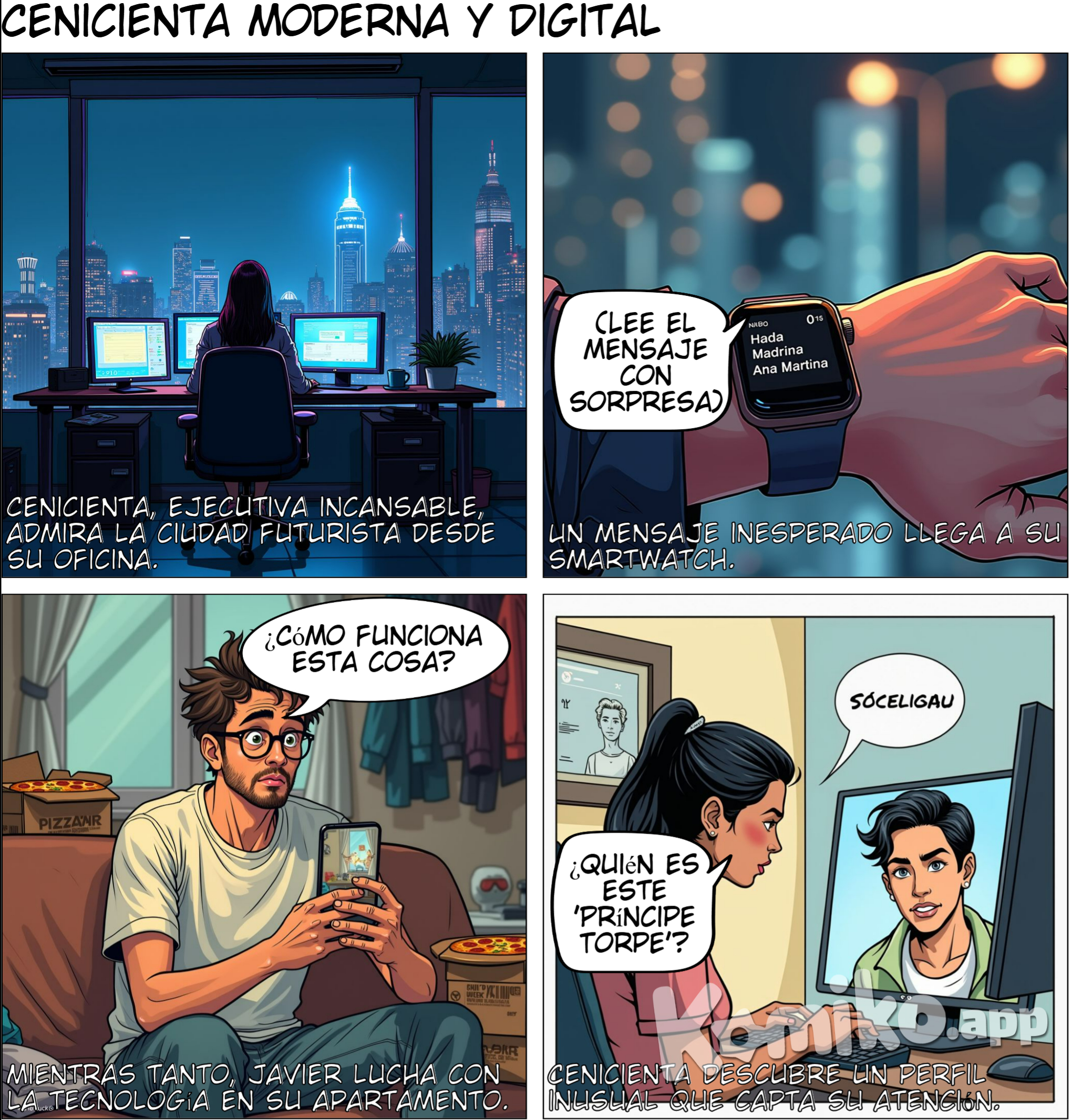 Cenicienta, una joven rubia con camisa blanca y falda azul marino, ejecutiva, trabajando tarde en su oficina, observa una ciudad futurista a través de la ventana. Un letrero luminoso de “Príncipe Azul” brilla en la distancia. Cenicienta recibe un mensaje de su hada madrina, Ana Martina, en su smartwatch: “Cenicienta, necesitas un equilibrio. Has ayudado a muchos, pero te has olvidado de ti misma”. Javier, en su apartamento desordenado, intenta usar la app “Príncipe Azul”, pero sus fotos salen borrosas y escribe mensajes torpes. Cenicienta, interesada, investiga el perfil de Javier y se sorprende por su torpeza digital. Un pensamiento aparece sobre su cabeza: “¿Quién es este ‘Príncipe Torpe’?”