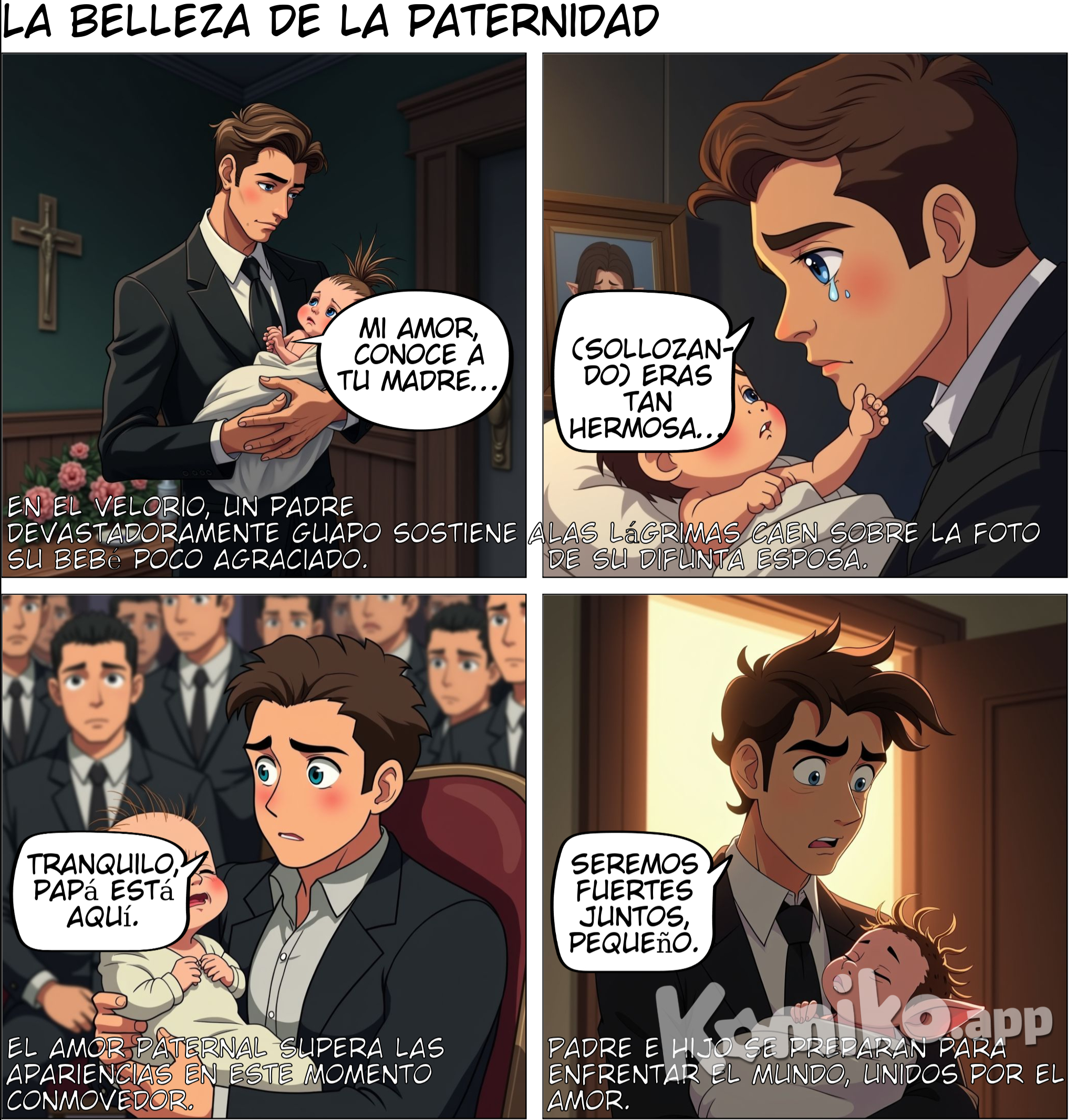 Un padre hermosísimo lleva a su horrible hijo recien nacido en brazos al velorio de su hermosa madre