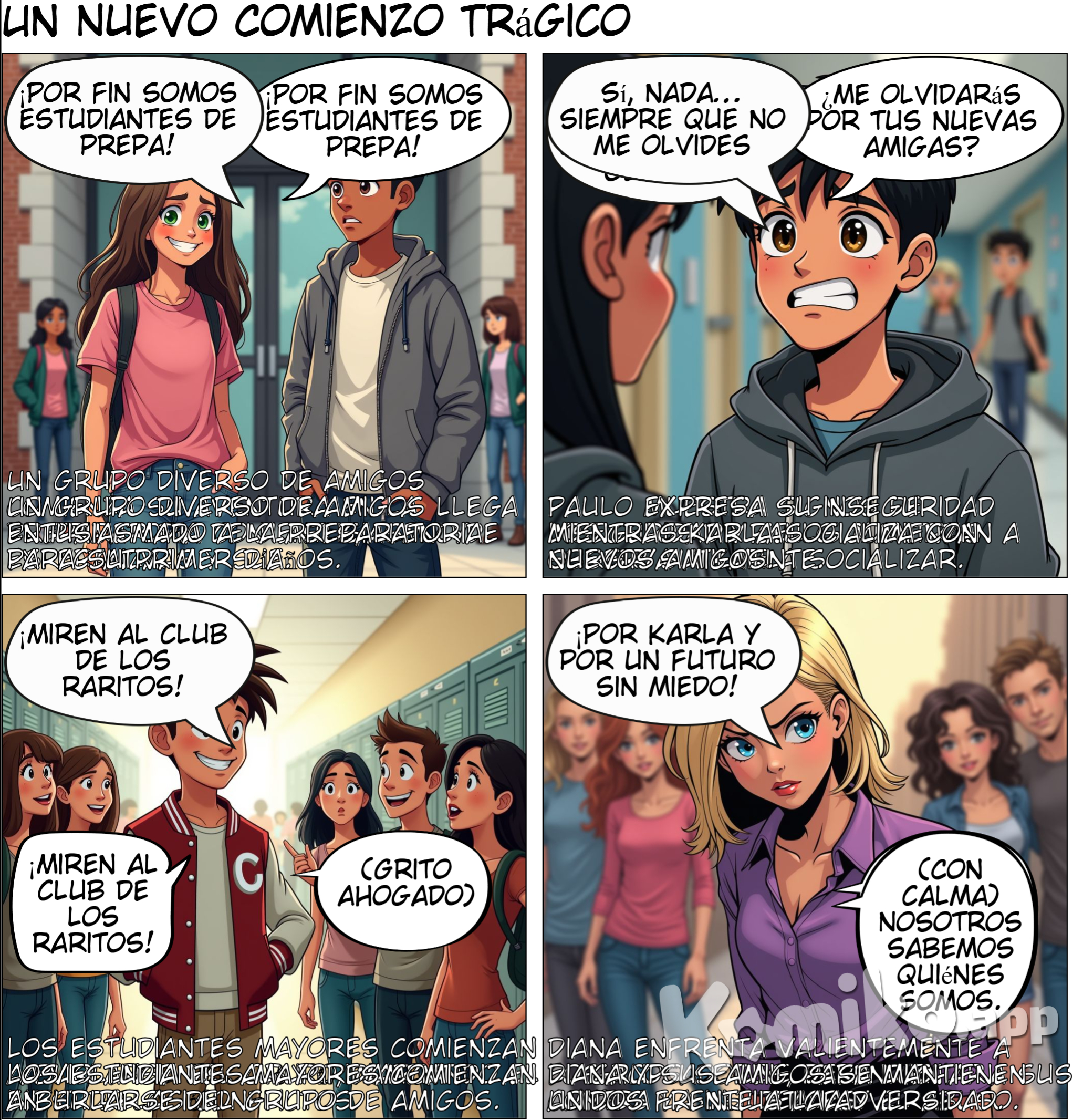 Capítulo 1: Un Nuevo Comienzo (El grupo de amigos llega entusiasmado a la prepa. Se presentan sus personalidades mientras comparten sueños para el futuro.) Karla: (Sociable y carismática) “¿Se dan cuenta? ¡Por fin somos estudiantes de prepa! ¡Nada nos va a detener!” Paulo: (Sonriendo, pero algo inseguro) “Sí, nada… siempre y cuando no me olvides por tus nuevas amigas, ¿eh?” (Otros personajes muestran sus personalidades únicas :) Luna y Manolo: Pareja estable, siempre positivos. Mika: Alegre y extrovertida. Diana y Elizabeth: Novias orgullosas, luchando contra el prejuicio. Mau: Gay, aún en el armario. Alex: Travesti y asexual, tímido pero auténtico. Carlos: Transexual, reflexivo y protector. (En el fondo, los estudiantes mayores empiezan a burlarse de ellos, marcando el inicio de los conflictos.) Estudiante alcalde: “¡Miren al club de los raritos! Seguro creen que van a cambiar el mundo.” Carlos: (Con calma) “Que hablen lo que quieran. Nosotros sabemos quiénes somos.” Capítulo 2: La tragedia de Karla y Paulo Escena 1: El Inicio de los Celos (Paulo se muestra cada vez más celoso cuando Karla pasa más tiempo con sus amigas. Una tarde, tienen su primera gran discusión.) Paulo: (Molesto) “Siempre estás con ellas, Karla. Antes éramos tú y yo, ¿qué pasó?” Karla: (Tratando de calmarlo) “Paulo, las quiero mucho, pero eso no significa que no me importa”. Paulo: (Frunce el ceño) “Pues no lo parece. Estoy cansado de ser tu segunda opción.” (La relación se deteriora rápidamente, y Paulo comienza a volverse más agresivo. Durante una discusión en su casa, la golpea por primera vez.) Karla: (Gritando) “¡Déjame! ¿Qué te pasa, Paulo?” Paulo: (Horrorizado por su propia acción) “Lo siento… es que me haces enojar. ¡No volverá a pasar!” Escena 2: Feminicidio y Encubrimiento (Semanas después, durante otra discusión, Paulo pierde el control y asesina a Karla en un ataque de ira. Al día siguiente, finge estar devastado frente al grupo.) Paulo: (Llorando) “No puedo creer que alguien le haya hecho esto. ¡Era mi vida!” (El grupo lo consuela, pero Diana empieza a sospechar de él debido a inconsistencias en su historia.) Capítulo 3: Acoso y Tensión con los Estudiantes Mayores Escena 1: Primer Conflicto (El grupo comienza a destacar en la escuela por su activismo y unidad, lo que provoca más ataques de los estudiantes mayores.) Estudiante alcalde: “Miren, aquí vienen los defensores de causas perdidas. ¿Qué sigue, una marcha?” Diana: (Enfrentándolos) “¿Y qué si lo hacemos? Al menos nosotros hacemos algo útil.” Elizabeth: (Sonriendo sarcástica) “Sí, ¿por qué no vienes a aprender algo sobre respeto?” (Los ataques verbales se convierten en empujones y amenazas. Un día, Alex es acorralado en el baño por dos estudiantes mayores.) Estudiante alcalde: “¿Qué te crees, usando ropa de mujer? Das asco. (Alex logra escapar y se reúne con Carlos, quien lo apoya.) Carlos: (Enojado) “Esto tiene que parar. No podemos permitir que sigan intimidándonos”. Capítulo 4: Mika y el Abuso Sexual (Mika sufre un ataque sexual mientras regresa sola a casa. Semanas después, descubre que está embarazada y confía al grupo.) Mika: (Llorando) “No sé qué hacer. Me siento rota… no quiero seguir viviendo así.” Luna: (Abrazándola) “No estás sola, Mika. Vamos a salir adelante juntas.” (El grupo la apoya, contactando a una organización que le brinda ayuda psicológica y legal.) Capítulo 5: Revelación de la Verdad sobre Karla Escena 1: La Investigación (La policía inicia una investigación y encuentra evidencia incriminatoria contra Paulo: inconsistencias en su coartada, huellas en el cuerpo de Karla y mensajes de texto amenazantes.) Policía: “Paulo, estás bajo arresto por el feminicidio de Karla”. (Paulo intenta defenderse, pero las pruebas son contundentes. El grupo queda devastado por la noticia.) Luna: (Entre lágrimas) “Él… él estaba con nosotros todo este tiempo. ¡Nunca lo sospechamos!” Diana: (Seria) “Algunos sí lo sospechamos. Pero ahora, Karla tendrá justicia”. Capítulo 6: Un Nuevo Amanecer Escena 1: Justicia y Reconstrucción (Con Paulo en la cárcel y los estudiantes mayores sancionados por el acoso, el grupo encuentra fuerzas para seguir adelante. Mika decide continuar con su embarazo con apoyo de su familia y amigos.) Mika: (Sonriendo) “No sé qué me espera, pero estoy lista para enfrentarlo”. Escena 2: Unidad y Esperanza (El grupo organiza una marcha escolar para exigir justicia por Karla y luchar contra la violencia y el acoso en la prepa.) Luna: “Hoy marchamos por Karla, Mika y todos los que sufrieron. Queremos un mundo donde podamos ser quienes somos sin miedo.” (El cómic termina con una imagen del grupo marchando junto a otros estudiantes, con carteles que dicen: “Justicia para Karla”, “No más violencia” y “Respeto e inclusión para todos”.)