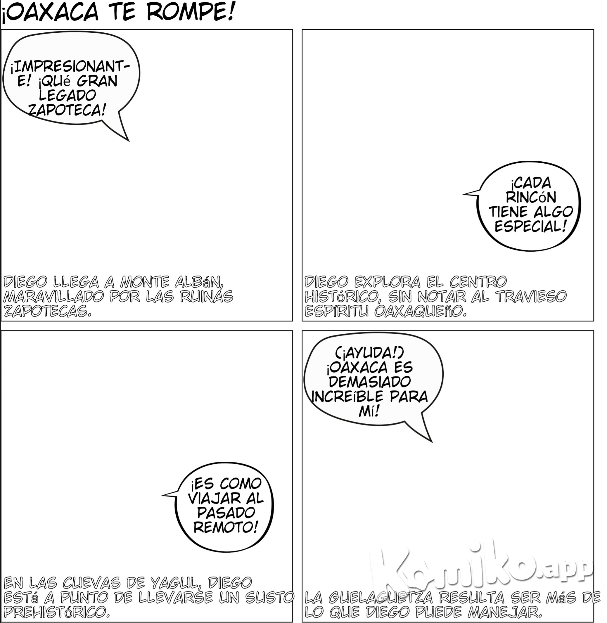 "el guardian del patrimonio" QUE EL PERSONAJE PRINCIPAL DIEGO SEA un joven #### Capítulo 3: Oaxaca **Escena 1: Monte Albán** - **Viñeta 11**:   Diego llega a la zona arqueológica de Monte Albán, admirando las antiguas estructuras.     *Texto*: "En Oaxaca, Diego exploró la majestuosa zona arqueológica de Monte Albán, cuna de la civilización zapoteca."   *Diálogo (Diego)*: "¡Impresionante! ¡Qué gran legado dejaron los zapotecas!"  **Escena 2: Centro Histórico de Oaxaca** - **Viñeta 12**:   Diego camina por el Centro Histórico de Oaxaca, maravillado por la arquitectura colonial y las coloridas calles.     *Texto*: "El Centro Histórico de Oaxaca lo cautivó con su vibrante vida cultural y sus hermosas edificaciones coloniales."   *Diálogo (Diego)*: "¡Qué hermosa es esta ciudad! ¡Cada rincón tiene algo especial!"  **Escena 3: Cuevas de Yagul y Mitla** - **Viñeta 13**:   Diego explora las cuevas prehistóricas de Yagul y Mitla, observando los antiguos vestigios.     *Texto*: "Las cuevas prehistóricas de Yagul y Mitla guardan secretos de tiempos inmemoriales, un testimonio de la antigüedad de la región."   *Diálogo (Diego)*: "¡Increíble! ¡Es como viajar al pasado más remoto!"  **Escena 4: Reserva de la Biosfera Tehuacán-Cuicatlán** - **Viñeta 14**:   Diego camina por la reserva de la biosfera Tehuacán-Cuicatlán, rodeado de la rica biodiversidad y paisajes únicos.     *Texto*: "La reserva de la biosfera Tehuacán-Cuicatlán es un tesoro de biodiversidad que combina naturaleza y cultura."   *Diálogo (Diego)*: "¡Qué riqueza natural! ¡Es vital proteger este lugar!"  **Escena 5: Guelaguetza y Cocina Tradicional** - **Viñeta 15**:   Diego participa en la Guelaguetza, disfrutando de las danzas y tradiciones de Oaxaca.     *Texto*: "La Guelaguetza, una celebración del patrimonio cultural vivo de Oaxaca, mostró a Diego la riqueza de las tradiciones locales."   *Diálogo (Diego)*: "¡Qué fiesta tan vibrante! ¡Oaxaca es increíble!"  - **Viñeta 16**:   Diego prueba la cocina tradicional de Oaxaca, disfrutando de tamales, moles y otros platillos.     *Texto*: "La gastronomía de Oaxaca, parte del patrimonio cultural de México, deleitó a Diego con sus sabores únicos."   *Diálogo (Diego)*: "¡Esto sabe increíble! ¡Oaxaca es un paraíso para los sentidos!"