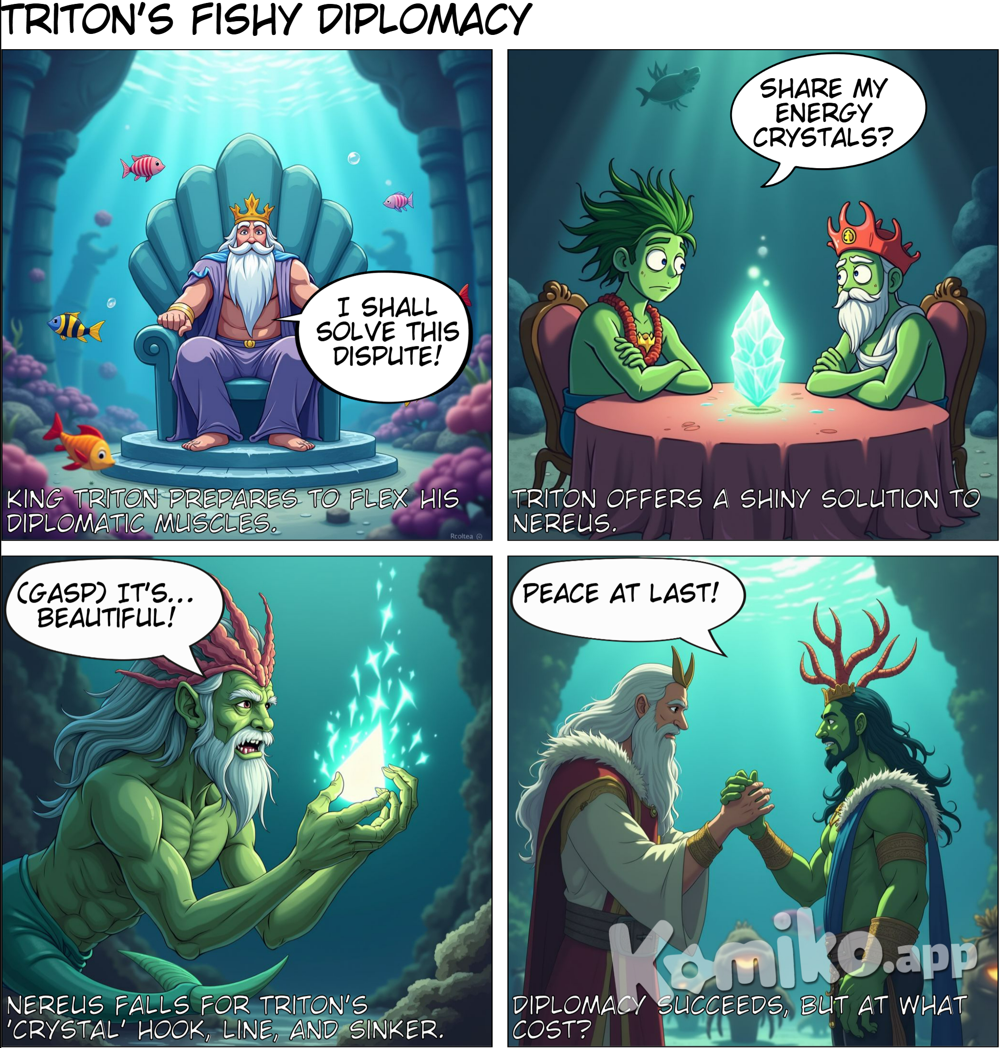  Triton's Justice  Plot: King Triton resolves a border dispute and demonstrates his leadership skills.  Atlantis had a border trade dispute with a neighboring water kingdom, Thalassia.  King Triton organized a meeting to bring the parties together.  Triton:  “There is no room for unnecessary conflict between Atlantis and Thalassia. We are the guardians of the seas,  We must not weaken it by fighting each other.”  Nereus (skeptically):  “Fine words, Triton. But what will it gain me to open your trade routes?”  Triton (smiling):  “You've heard of the energy crystals of Atlantis, Nereus. Sharing them would benefit both kingdoms.  will strengthen it.”  The Thalassian leader nodded thoughtfully. Finally, the two kingdoms agreed  and managed to make peace.