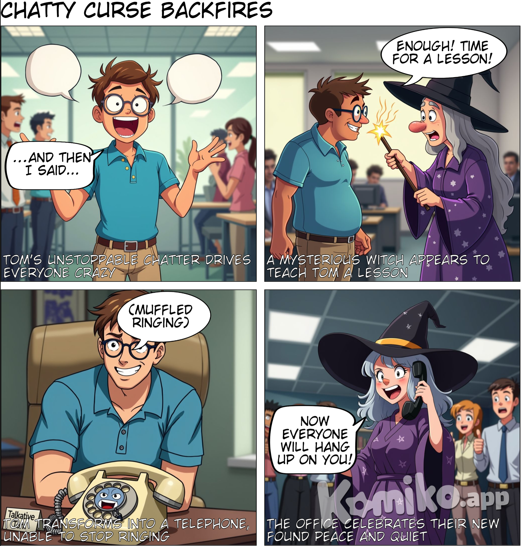A guy who got turn in to a telephone by a which because he like to talk to others too much