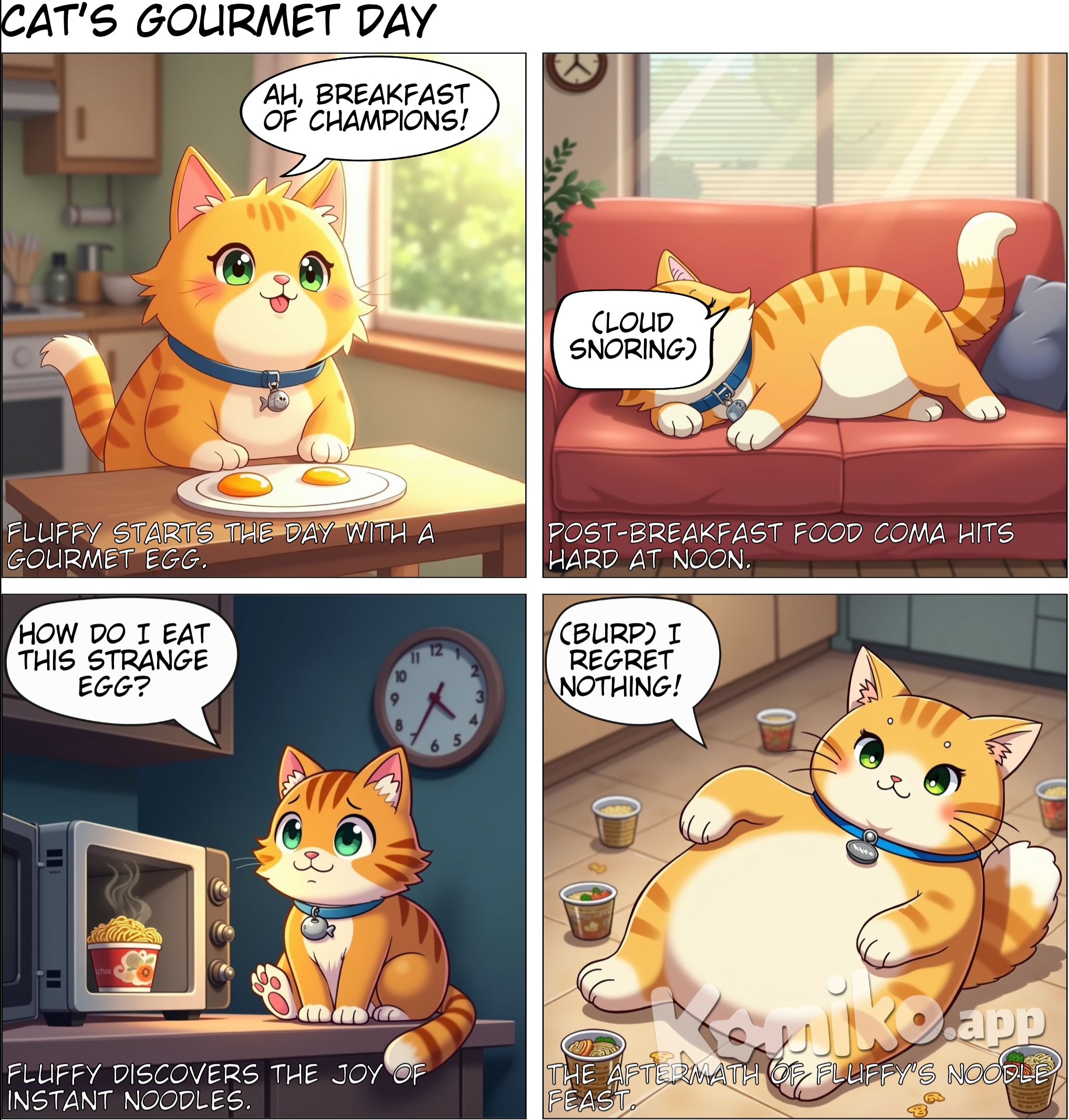 A cat eat a egg at morning. However it sleep at noon. Then eat instant noodles for dinner time .