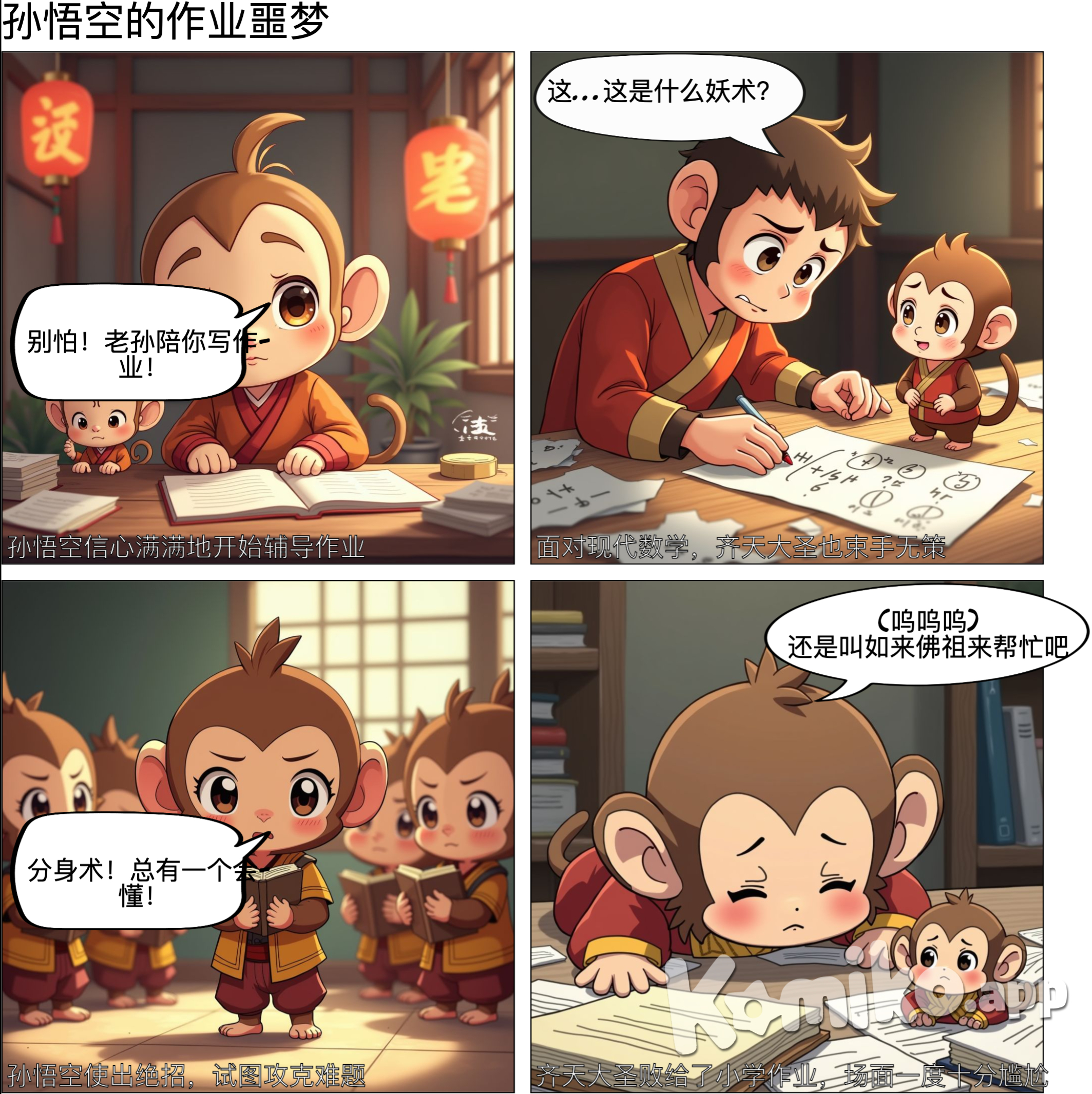 AI Art: <-7k53>,孙悟空陪孩子写作业,治愈型漫画| KomikoAI