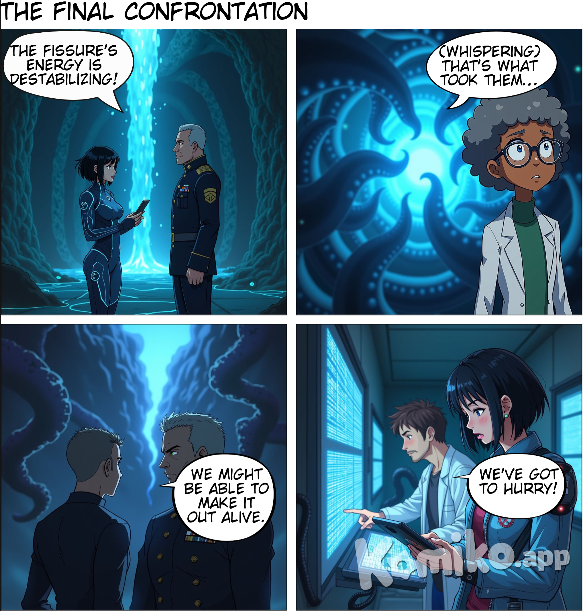 Page 8: The Final Confrontation Panel 1: The team emerges into a larger chamber, dimly lit, with the walls covered in strange, bioluminescent algae. In the center of the room, a glowing fissure pulsates with an eerie blue light. Panel 2: Mei looks at her tablet, showing critical warnings. She turns to Kane, urgency in her voice. Mei Ling: "The fissure's energy is destabilizing! If it ruptures, it could bring the whole facility down." Panel 3: Suddenly, a dark shadow moves within the fissure, a massive creature beginning to emerge—tentacles of pure darkness stretching out, pulsating with the same blue energy. Dr. Nia (whispering): "That's what took them... it's protecting the source." Panel 4: Kane looks back at the team, his face grim but resolute. Commander Kane: "If we can sever its connection to the energy, we might be able to make it out alive. Mei, can you overload the system?" Panel 5: Mei nods, typing rapidly on her tablet as she connects it to a nearby console. Mei Ling: "I can, but it’ll blow this place sky high. We only have minutes to get out of here." Panel 6: The creature senses their interference. A tentacle lashes out, narrowly missing Ethan as the group scrambles to avoid it. Dr. Ethan: "We’ve got to hurry!"