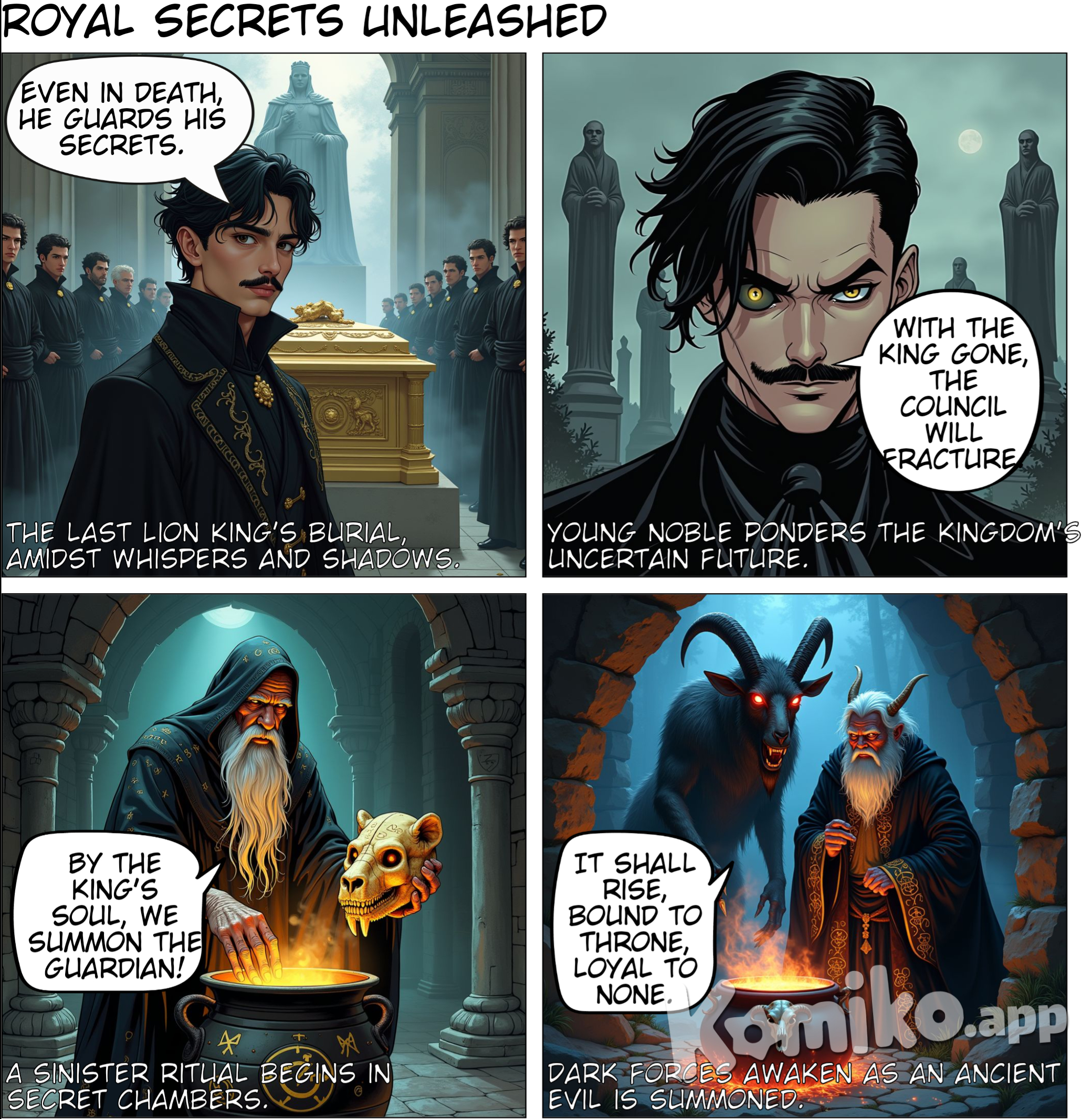  Panel 1: The Royal Burial  Visual: A solemn, grand royal cemetery, adorned with statues of ancient kings and queens. A group of nobles stands in silence as they lower a golden, intricately designed coffin into the ground. The coffin is adorned with the sigil of a lion, symbolizing the king’s lineage. Mist swirls around, adding a sense of mystery and foreboding.  Caption: "The last of the Lion Kings is laid to rest, his reign ending amidst shadows and whispers."  Dialogue (Noble): "Even in death, he guards his secrets."    ---  Panel 2: The Mourning Conversation  Visual: Shift to a close-up of a young, one-eyed nobleman with jet-black hair and a sharp mustache. He wears luxurious black attire. Standing next to him is an older nobleman in similar mourning clothes. They converse in hushed tones near the edge of the cemetery.  Dialogue: Young Man: "With the king gone, the council will fracture." Older Noble: "Then it falls to us to maintain order, but at what cost?"    ---  Panel 3: The Dark Ritual  Visual: A hidden chamber in an ancient castle. An elderly sorcerer, draped in strange black robes covered in arcane symbols, holds up a lion’s skull over a bubbling cauldron. Behind him stands a humanoid figure with the head of a goat, its eyes glowing with sinister wisdom. The atmosphere is thick with dark magic, and strange glyphs glow faintly on the walls.  Dialogue: Sorcerer: "By the soul of the king, we summon the ancient guardian." Creature: "It shall rise, bound to the throne, yet loyal to none.". Fantasy world 