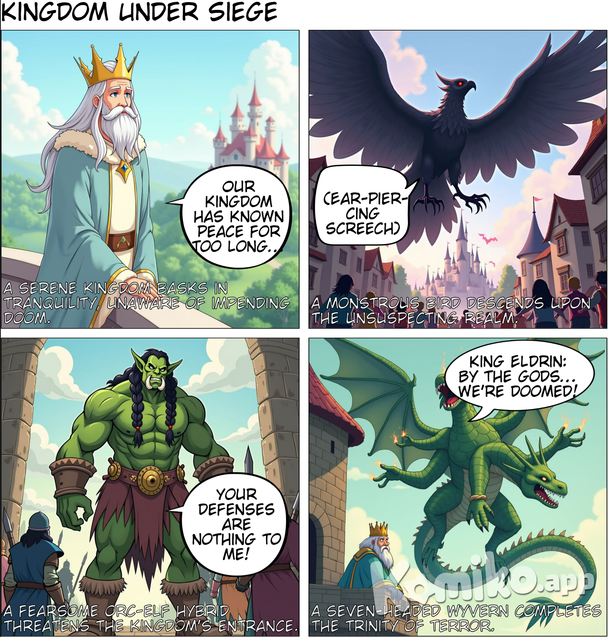 A Kingdom.. The Kingdom being attacked by a large black bird, man-like orc-elf, green wyvern with seven heads, anime style with soft pastel color and soft lighting