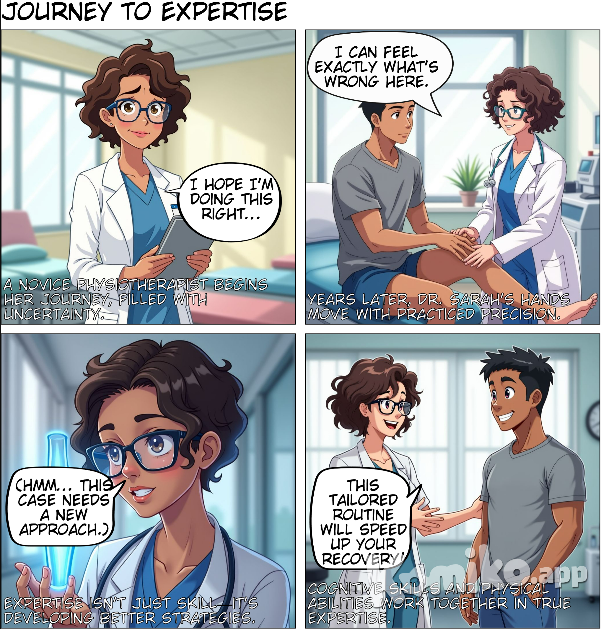 Expertise is the result of long-term practice, where you not only improve how you perform a task but also develop better strategies to do it. It's like a physiotherapist who, over years, becomes highly skilled in diagnosing and treating patients. This involves both cognitive skills and physical abilities working together