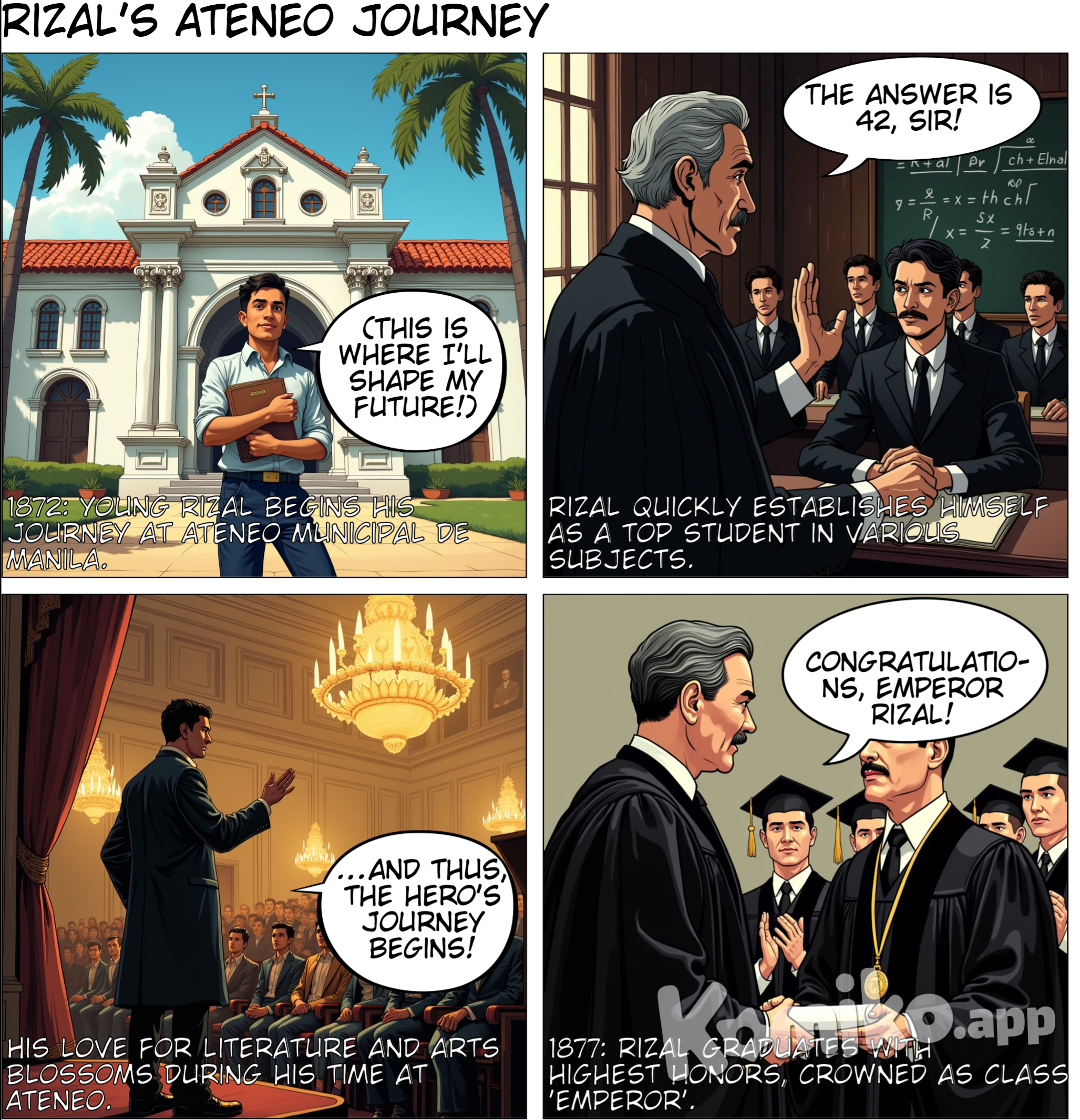 Secondary Education (Ateneo Municipal de Manila): In 1872, Rizal enrolled at the Ateneo Municipal de Manila, where he excelled academically. He graduated with high honors in 1877, earning a Bachelor of Arts degree. His performance earned him recognition as an "emperor" in his class, and he demonstrated a keen interest in literature and the arts.