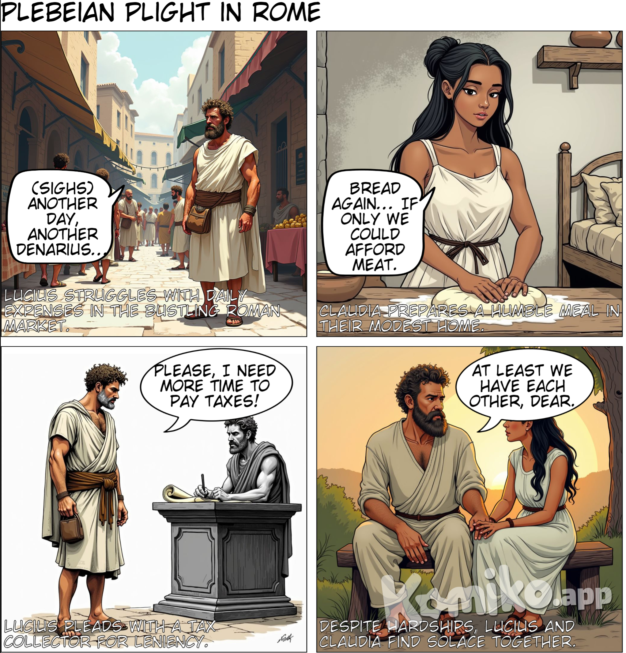 Make a blank black and white comic strip about plebian life in ancient Rome