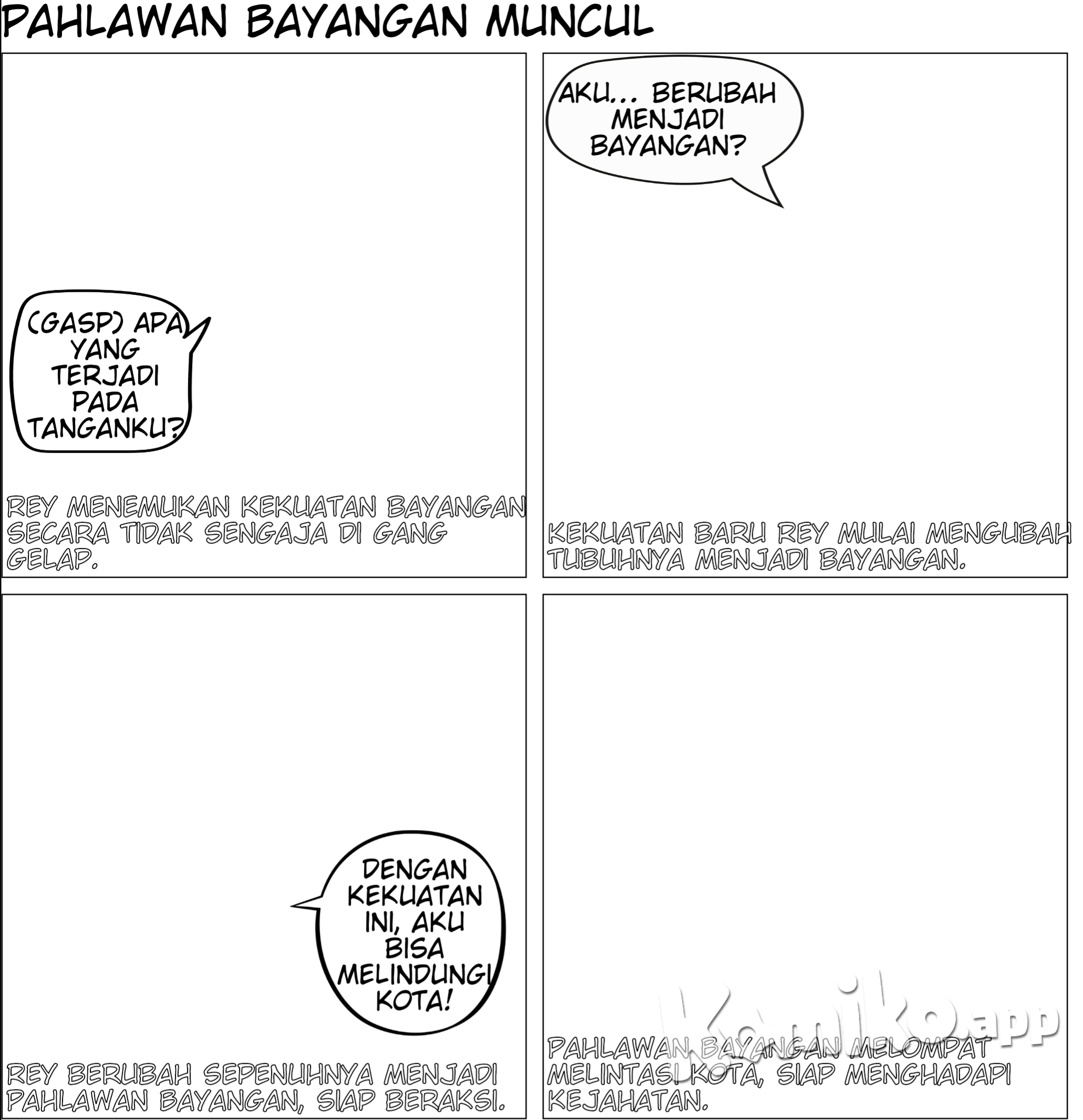   *Judul: *"Pahlawan Bayangan"***Sinopsis:*Di kota metropolitan yang penuh dengan kekacauan, seorang remaja bernama Aria menemukan bahwa dia memiliki kemampuan untuk berubah menjadi bayangan. Dengan kemampuan barunya, dia memutuskan untuk menjadi pahlawan yang beroperasi di malam hari, melawan kejahatan dan menjaga kota tetap aman. Namun, saat dia mendalami dunia gelap kejahatan, dia menemukan bahwa ada lebih banyak hal yang bersembunyi dalam bayangan kota ini.  *Karakter Utama:*1. *rey*: Remaja pemberani yang memiliki kemampuan berubah menjadi bayangan. Dia pintar, cepat, dan memiliki tekad kuat untuk melindungi kotanya. 2. *Reno*: Sahabat Aria yang juga seorang hacker jenius. Dia membantu Aria dengan informasi dan teknologi canggih. 3. *rose*: Seorang detektif polisi yang curiga dengan kehadiran "Pahlawan Bayangan" dan berusaha mengungkap identitas Aria.  *Alur Cerita:*1. *Pengenalan*: Aria menemukan kekuatannya secara tidak sengaja saat dia berada dalam situasi bahaya. Dia mulai menjelajahi kemampuan barunya dan memutuskan untuk menggunakannya untuk melawan kejahatan. 2. *Tantangan Awal*: Aria menghadapi kejahatan jalanan dan geng lokal, sambil berusaha merahasiakan identitasnya. Reno menjadi sekutu setianya, membantu dari balik layar. 3. *Ancaman Besar*: Aria menemukan bahwa ada organisasi kriminal besar yang beroperasi di kota. Dia menyadari bahwa kejahatan yang dia lawan hanyalah puncak gunung es. 4. *Konflik*: Vega, detektif yang gigih, semakin dekat untuk mengungkap identitas Aria. Sementara itu, organisasi kriminal mulai menyadari keberadaan "Pahlawan Bayangan" dan mengincar Aria. 5. *Klimaks*: Pertarungan epik antara Aria dan pemimpin organisasi kriminal. Aria harus menghadapi tantangan terberatnya dan mengatasi rasa takutnya sendiri. 6. *Penyelesaian*: Aria berhasil menggagalkan rencana jahat organisasi kriminal, tapi identitasnya hampir terungkap oleh Vega. Aria harus memutuskan apakah dia akan terus menjadi "Pahlawan Bayangan" atau kembali ke kehidupan normal.