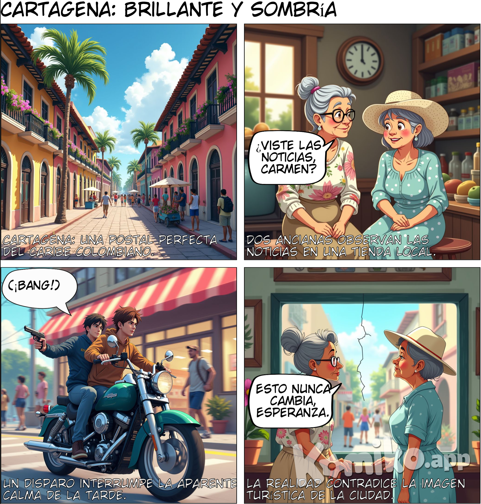 Página 1: Introducción y Ambiente de Cartagena Panel 1 (Gran plano general): Escena: Un paisaje soleado de Cartagena de Indias. La cámara se sitúa en una calle tranquila del centro histórico, llena de edificios de colores cálidos, típicos de la ciudad caribeña, con sus ventanas de madera pintadas de colores brillantes y balcones llenos de flores. Un par de turistas caminan, mientras vendedores ambulantes se mezclan entre los locales. Estilo anime: Los edificios tienen detalles intrincados, sombras suaves y una paleta vibrante, pero con un toque nostálgico. El contraste entre la arquitectura histórica y la modernidad de la ciudad se resalta con sutiles matices. Detalles: Una brisa cálida mueve las palmas y las banderas del lugar. Algunas sombras de nubes pasadas se proyectan sutilmente sobre las calles.  Panel 2 (Primer plano de las dos señoras): Escena: Dentro de una pequeña tienda de abarrotes. Las dos mujeres, mayores de unos 70 años, están sentadas frente a una pequeña televisión de tubo. La tienda tiene estantes llenos de productos locales y una sensación de calidez y familiaridad. Una señora está usando gafas de lectura y la otra tiene un sombrero de palma. Estilo anime: El diseño de las mujeres tiene un toque detallado en los rostros, con ojos grandes y expresivos, pero con una suavidad en los detalles que denote su edad. Las arrugas se resaltan, pero de forma elegante. Sus ropas tienen estampados sencillos pero llenos de vida. Los colores en la tienda y el fondo están suavizados, mientras la pantalla de la televisión muestra la imagen de un reportaje. Detalles: La televisión parpadea de vez en cuando, y una de las mujeres sostiene un abanico, que mueve ligeramente mientras habla.  Página 2: La Conversación y la Indiferencia de las Mujeres Panel 1 (Plano medio): Escena: Primer plano de una de las mujeres (la de gafas) mirando la televisión mientras habla. El canal de noticias está mostrando el titular: "Cartagena recupera su brillo". Estilo anime: La luz de la pantalla de la televisión ilumina el rostro de la mujer, destacando sus arrugas y ojos cansados, pero serenos. La pantalla muestra imágenes del centro histórico de Cartagena, con turistas y tiendas llenas de vida. La línea de visión es directa, como si estuviera reflexionando sobre la noticia, pero su expresión es neutral. Detalles: La televisión tiene bordes ligeramente pixelados para dar la sensación de un aparato viejo. Los titulares se ven nítidos, pero el fondo de la pantalla es desenfocado y cargado de colores cálidos.  Panel 2 (Plano medio): Escena: La otra mujer (la del sombrero) asiente con calma, como si compartiera la misma indiferencia. Se nota que las noticias no la afectan demasiado. Está en medio de un sorbo de jugo de frutas tropicales. Estilo anime: La textura de su sombrero de palma es sutil, casi realista en su delicadeza. La luz de la tarde entra a través de la ventana, proyectando sombras suaves sobre sus figuras. La cámara se enfoca en los detalles de sus manos envejecidas y las arrugas que dan la sensación de años de historias vividas. Detalles: En la esquina del panel, un reloj de pared antiguo marca las 3:00 PM. La tienda es un espacio pequeño, pero acogedor, con una estantería llena de productos locales, como cafés y dulces típicos.  Página 3: El Sicariato y la Reacción de las Mujeres Panel 1 (Plano general): Escena: En la calle frente a la tienda, dos jóvenes en una motocicleta pasan rápidamente, uno de ellos con una pistola en mano. De repente, un disparo. La cámara captura la escena en cámara lenta con detalles nítidos. Estilo anime: En este momento, el contraste visual es fuerte: la escena de violencia se ralentiza y se destaca de manera casi surrealista, con detalles de la motocicleta brillando bajo el sol. Los colores se saturan para reflejar el peligro inminente. La motocicleta está en el centro de la escena, con el joven disparando hacia un desconocido (fuera de campo). Detalles: El aire caliente y las vibraciones de la ciudad se sienten en cada panel. Se muestra cómo el sonido del disparo interrumpe momentáneamente la calma del barrio, y el sonido de la motocicleta resuena en el fondo.  Panel 2 (Primer plano de las señoras): Escena: Las dos mujeres miran a través de la ventana con indiferencia. No hay sorpresa ni miedo en sus rostros. La señora con gafas simplemente murmura algo, mientras la otra sigue bebiendo su jugo. Estilo anime: El enfoque está en sus expresiones serenas, con detalles en los ojos que transmiten la experiencia de haber vivido tantas situaciones similares que ya no causan alarma. Detalles: Las sombras de la calle y los edificios se reflejan suavemente sobre sus rostros. En el fondo, se intuye que el disparo ha pasado desapercibido para los transeúntes, mientras que la cotidianidad sigue su curso.  Página 4: La Contradicción Final Panel 1 (Plano grande): Escena: Las mujeres, ahora sentadas en la tienda, miran el mismo canal de noticias que continúa transmitiendo el reporte sobre Cartagena: "Cartagena vuelve a recuperar su brillo". La imagen muestra el centro histórico lleno de turistas felices, la plaza llena de colores vibrantes, los edificios restaurados. La cámara se enfoca en el contraste entre la belleza turística y la realidad cotidiana. Estilo anime: La pantalla de televisión resplandece en colores brillantes, pero la imagen está desconectada de la realidad que muestran las mujeres. El contraste entre lo mostrado en la pantalla y lo que realmente está ocurriendo en la ciudad se nota en la suavidad de los colores y la vibrante paleta visual del fondo. Detalles: Los turistas en la televisión parecen casi etéreos, mientras que la tienda, la calle y las señoras están llenas de detalles que reflejan el cansancio y la indiferencia del entorno.  Panel 2 (Plano final, con un enfoque en las mujeres): Escena: Las señoras se quedan mirando la televisión mientras continúan conversando con calma. La última línea de diálogo de una de ellas es: "Esto nunca cambia". La luz dorada del atardecer entra por la ventana. Estilo anime: En este panel, la cámara se enfoca completamente en ellas. Los detalles en sus siluetas reflejan la vida que han vivido. Las sombras doradas del atardecer son suaves pero detalladas, y sus ojos, aunque grandes y expresivos, transmiten una sensación de resignación tranquila. Detalles: En la esquina inferior derecha, la pantalla de la televisión muestra el titular final: "Cartagena vuelve a recuperar su brillo", mientras una cicatriz en la pantalla de la televisión se refleja como un símbolo de contradicción, de lo que la ciudad realmente es y lo que pretenden mostrar al mundo.