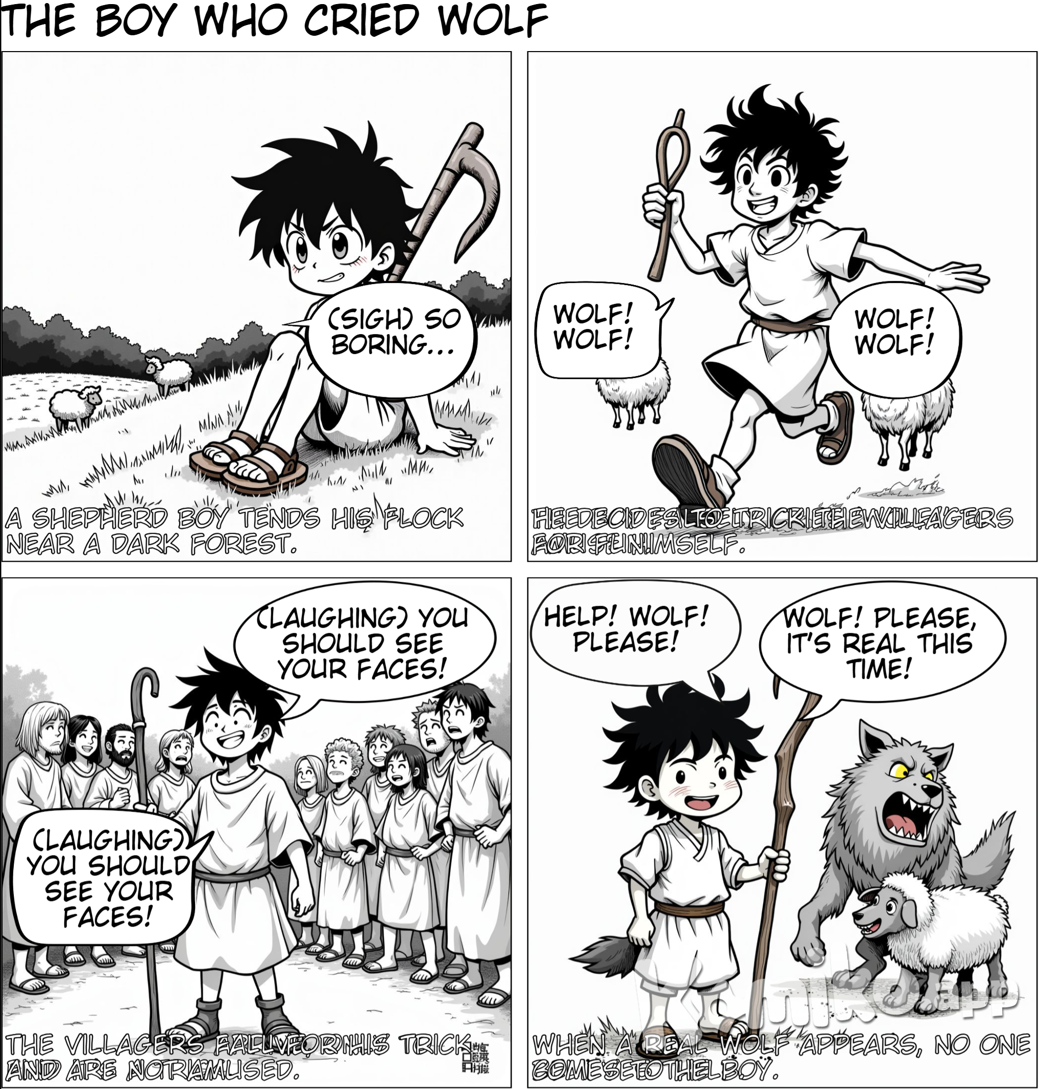 Once upon a time, a shepherd boy tended his master’s sheep near a dark forest not far from the village and each day he takes them up into the hills to graze. If he sees a wolf, he is to ring the bell he has been given and shout 'Wolf!' Soon he found his days in the pasture very dull. “There is no one to talk with, and there is nothing to do!” he would moan. All he could do was talk to his dog or play on his shepherd’s pipe. One day as he sat watching the sheep and the quiet forest, he thought of a plan to amuse himself. His master had told him to call for help if a wolf should attack the f lock, and the villagers would come running to drive it away. If I alert the village that a wolf is here, people will come. Then I’ll have lots of people to talk to, and what fun it will be! the shepherd boy thought. So, though he had not seen anything that even looked like a wolf, he ran toward the village shouting at the top of his voice, “Wolf! Wolf!” As expected, the villagers who heard the shepherd boy’s cry dropped their work and made for the pasture with great haste. But when they got there they found the boy doubled up with laughter at the trick he had played on them. A few days later the shepherd boy again shouted, “Wolf! Wolf!” Once more the villagers ran to help him, only to find that they had again been tricked.Then, one evening as the sun was setting behind the forest and the shadows were creeping out over the pasture, a wolf really did jump out from the underbrush and start chasing the sheep. The boy ran toward the village shouting “Wolf! Wolf!” But though the villagers heard the cry, they did not run to help him as they had before. “He cannot fool us again,” they said. The wolf carried away a sheep into the forest. That day the shepherd boy learned an important lesson—if you desire people to believe and trust what you say, you must always be truthful .
