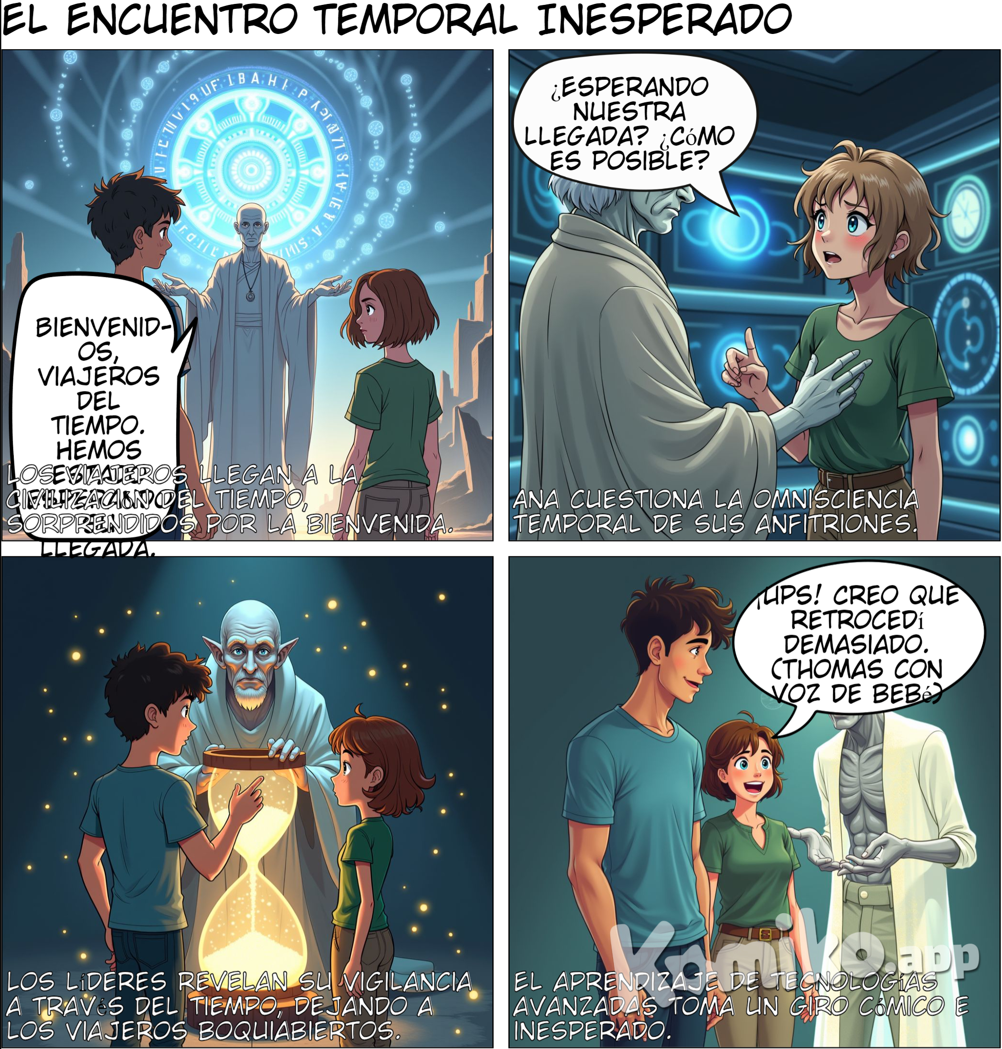 Personajes principales Thomas: Un joven introvertido, de pelo corto y crespo, de color café no tan oscuro, alto y musculoso, de piel morena, ojos color avellana y facciones delicadas Ana: Una joven curiosa, de pelo corto y ondulado, de color castaño claro, de estatura media y de contextura delgada, de piel blanca, con ojos claros, y facciones suaves y delicadas Página 10: La Civilización del Tiempo Viñeta 1: (Ana y Tom son recibidos por los líderes de la civilización) • Diálogo Líder: “Bienvenidos, viajeros del tiempo. Hemos estado esperando su llegada”. • Diálogo Ana: “¿Esperando nuestra llegada? ¿Cómo es posible?” Viñeta 2: (Los líderes explican su dominio del tiempo) • Texto: “Los líderes explicaron que su civilización había estado observando a Ana y Tom, esperando el momento adecuado para contactarlos.” Viñeta 3: (Ana y Tom aprenden sobre las tecnologías avanzadas) • Texto: “Ana y Tom comenzaron a aprender sobre las tecnologías avanzadas de la civilización, maravillados por lo que descubrían.”
