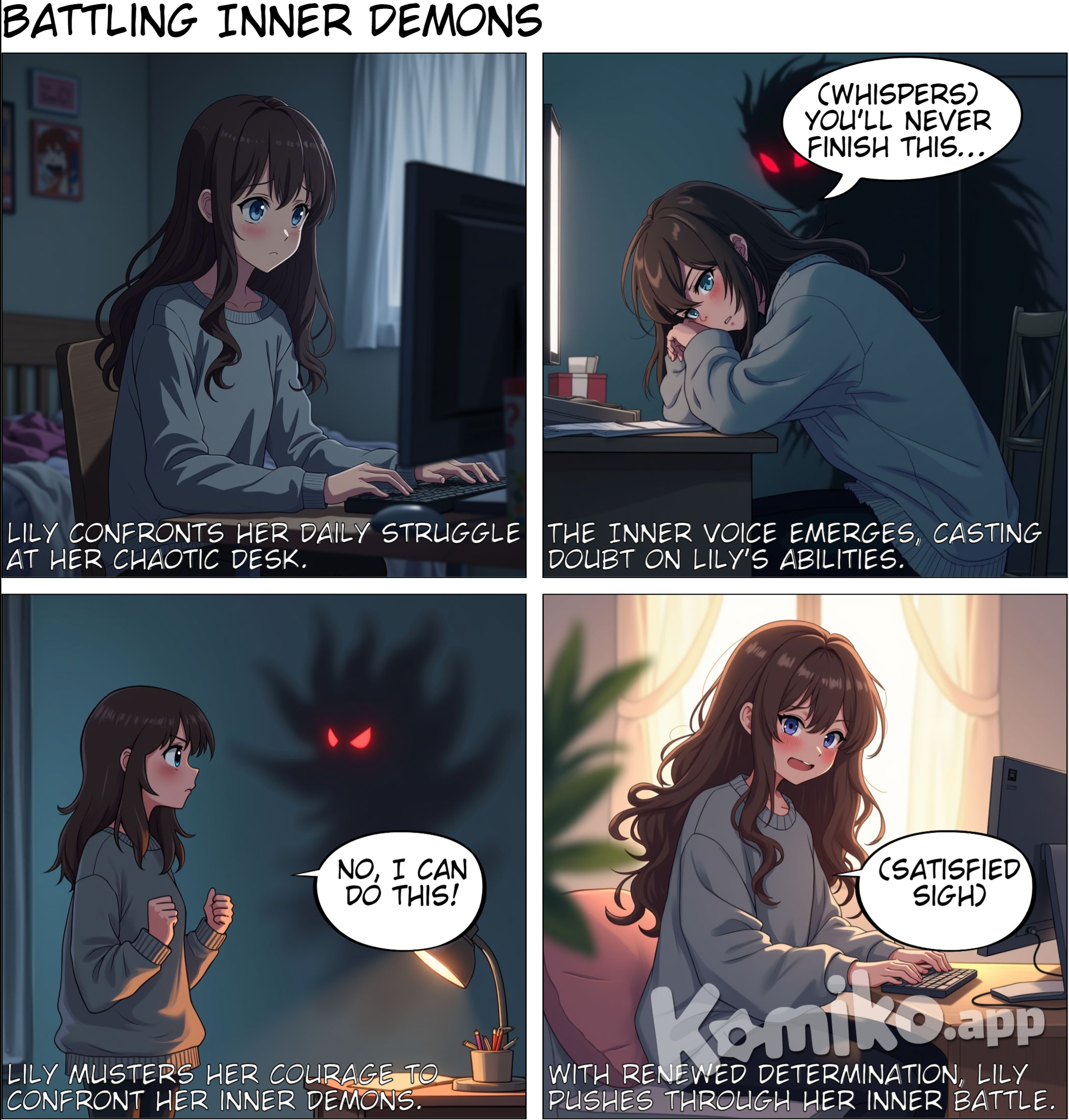 A depressed girl sitting in front of her work desk, trying to struggle the inner battles.