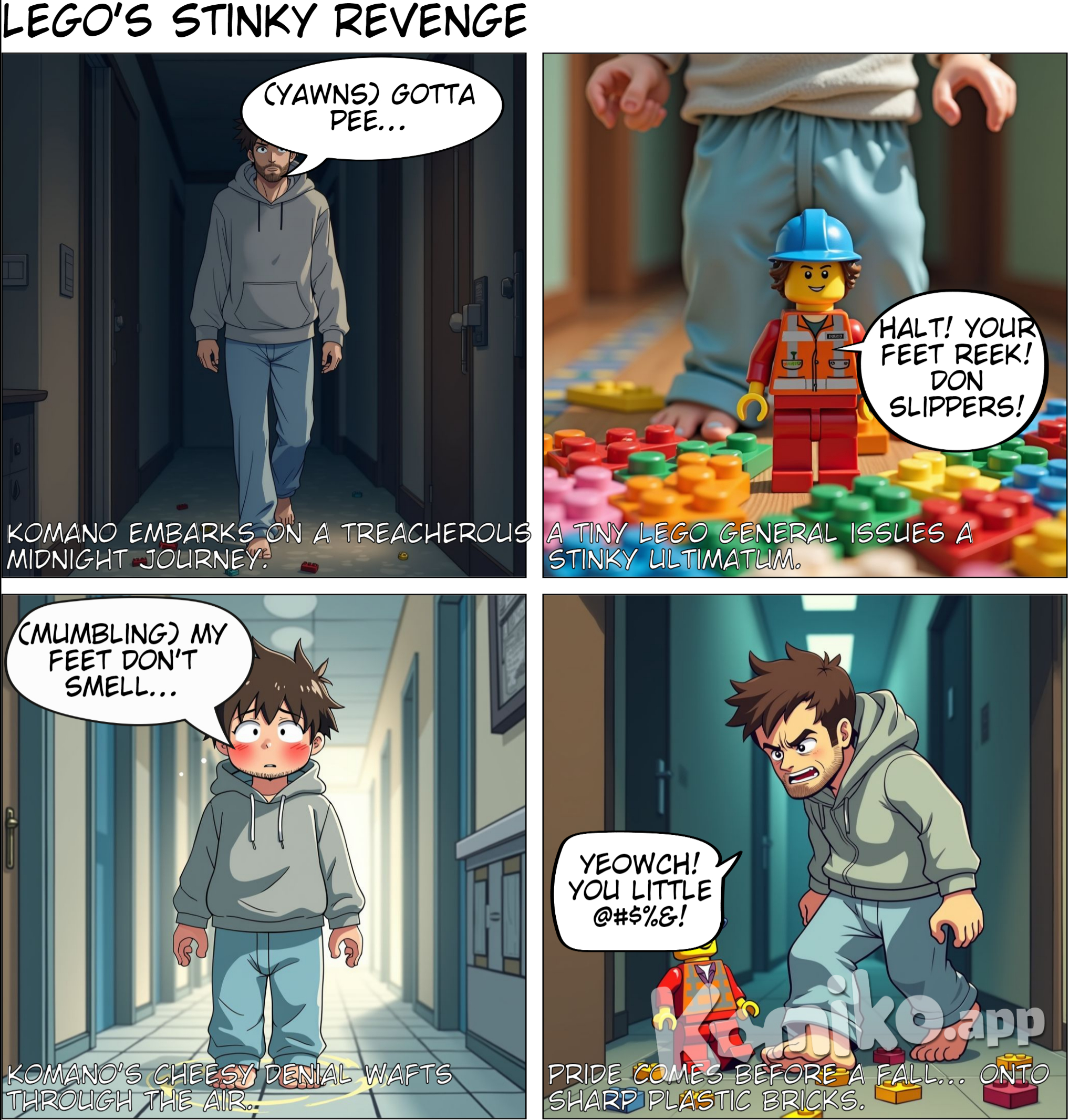 A male white character called Komano barefoot in pajamas and a grey hoodie walking from his bedroom to the bathroom at night but is intercepted by a path full of legos who tell him to put on slippers, he ignores it and steps on it as he feels embarrassed that they tell him his feet stink like cheese