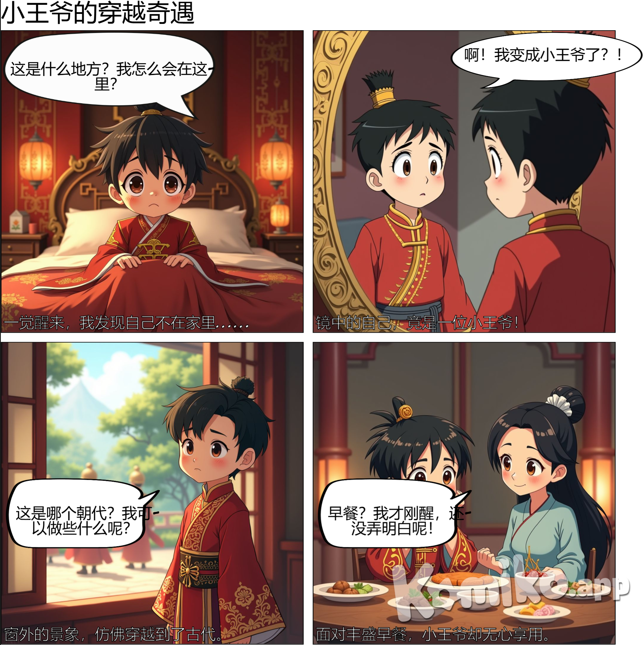 漫画名称：《小王爷的奇幻之旅》  第一栏：  背景：室内宁静、装饰精美的古老宫殿房间，墙壁上有复杂的图案，金色灯笼照射着温暖的光芒。  说明文字：一次觉醒来了，我发现自己不在家里……  男孩（思考）：这是什么地方？我怎么会在这里？  第二十七章：  重点镜头：身着优雅皇家服装的男孩在装饰精美的镜子中看着自己。  男孩（震惊）：啊！我变成小王爷了？！  第三個小說：  男孩站起来，感到仍然困惑，他向窗外看去。他看到下面是郁郁葱葱的花园和宫殿守卫。  男孩（思考）：这是哪个朝代？如果我真是王爷，我可以做些什么呢？  第四章：  一间宫女进房间，彬彬有礼地行礼，脸上洋溢着灿烂的笑容。  女仆：王爷，您起床了！我们已经准备好了早餐了，请您快吃点吧。  专题5：  男孩坐在旁边摆满美味食物的豪华餐桌上，仍然非常。  男孩：早餐？我才刚浏览，还没弄明白具体的！  第6面板：  女仆歪着头好奇地看着他。  侍女：王爷您真有趣，您的父皇一定很高兴您终于能起床了。  面板7：  当男孩意识到自己肩负着责任时，他的情绪既兴奋又焦虑。  男孩（思考）：作为小王爷，我得学会应对这一切。  第8幅：  他深吸一口气，下面安置坚固的神色。  男孩：既然我已经在这里了，我要好好生活！我首先要找到我的父皇！  第9幅：  男孩自信地走出房间，准备探索新的生活。  说明文字：一场新的冒险即将开始……