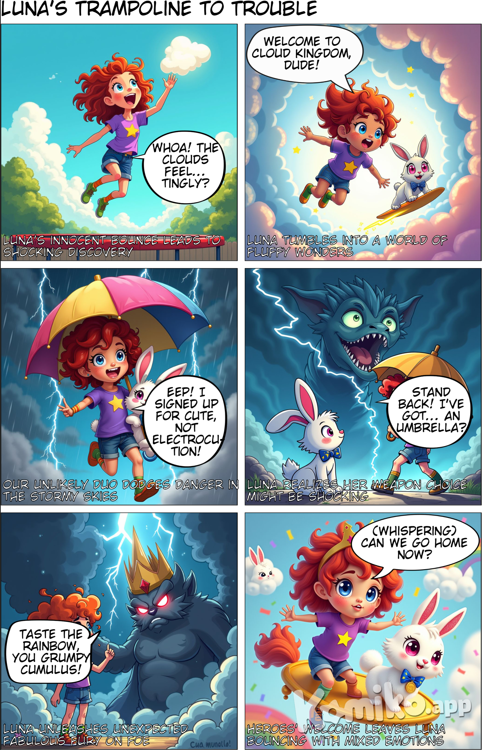 Design a vibrant and adventurous comic about a young girl named Luna who discovers the magical Cloud Kingdom after bouncing high on her trampoline. The kingdom is filled with fluffy castles, talking rainbows, and a bunny named Sparkle who hops on lightning bolts. Luna and Sparkle embark on a thrilling quest to stop the Storm King, featuring scenes of flying on a magical umbrella, dodging thunderclouds, and battling fierce storm dragons. Conclude with Luna using the umbrella’s glitter beam to defeat the Storm King and being celebrated as a hero with a golden trampoline to return to the Cloud Kingdom anytime.