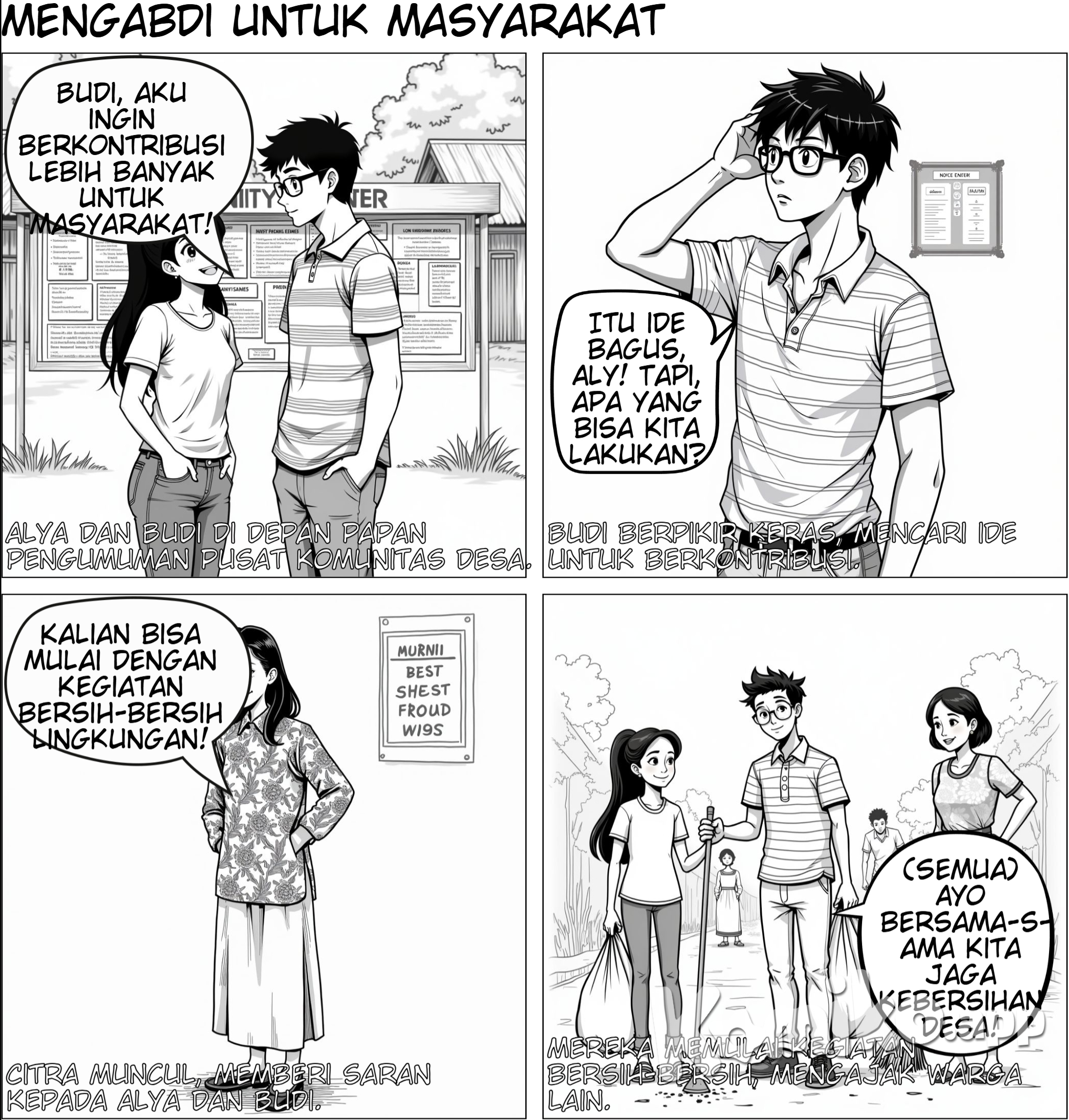 Panel 1: Gambar: Alya dan Budi berdiri di depan papan pengumuman di pusat komunitas di desa . Alya: “Budi, aku ingin berkontribusi lebih banyak untuk masyarakat!” Panel 2: Gambar: Budi terlihat berpikir sambil menggaruk kepala. Budi: “Itu ide bagus, Aly! Tapi, apa yang bisa kita lakukan?” Panel 3: Gambar: Citra muncul dengan senyuman. Citra: “Kalian bisa mulai dengan kegiatan bersih-bersih lingkungan!”