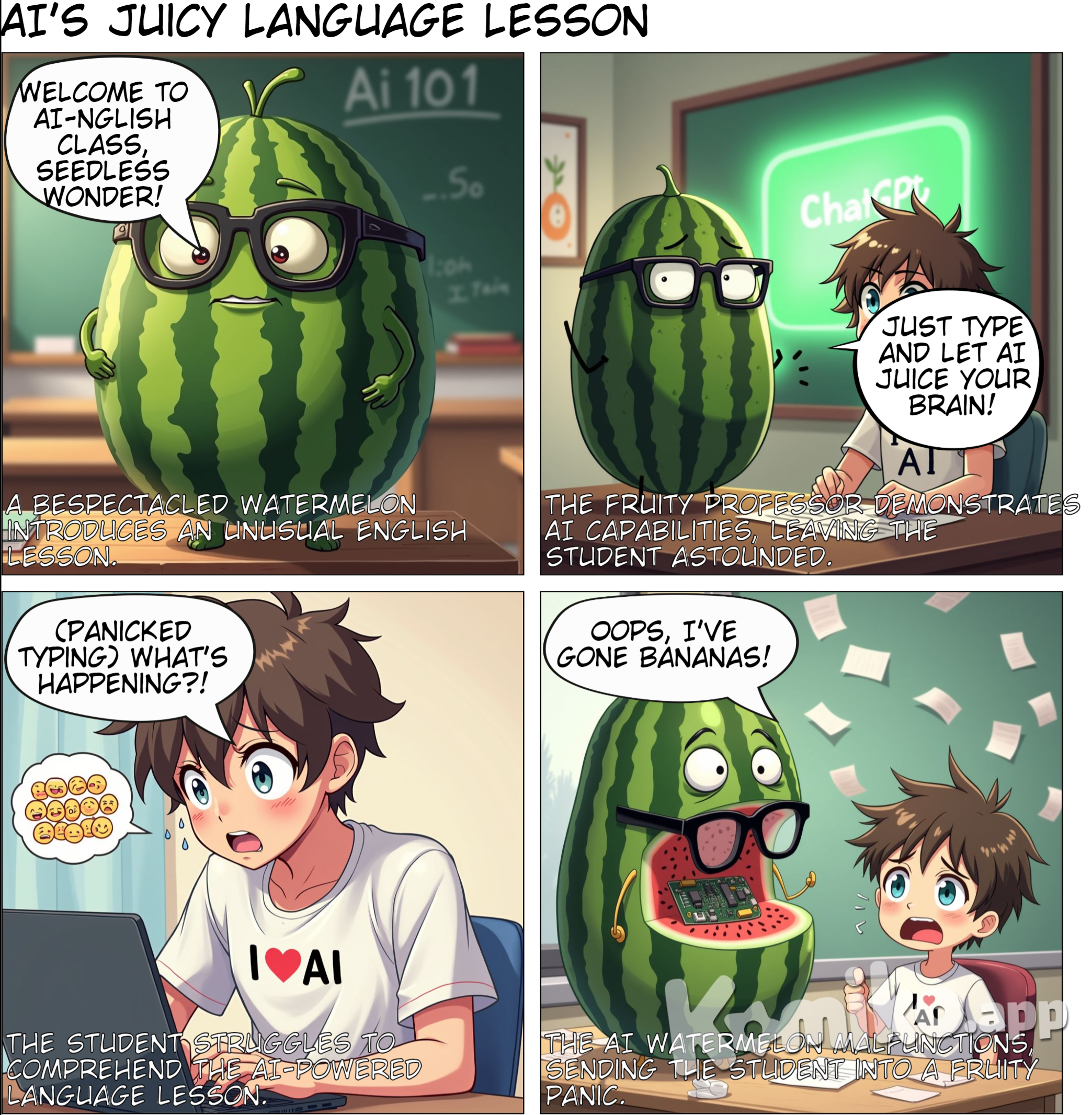 A watermelon wearing glasses taught me how to use AI technology in English class.