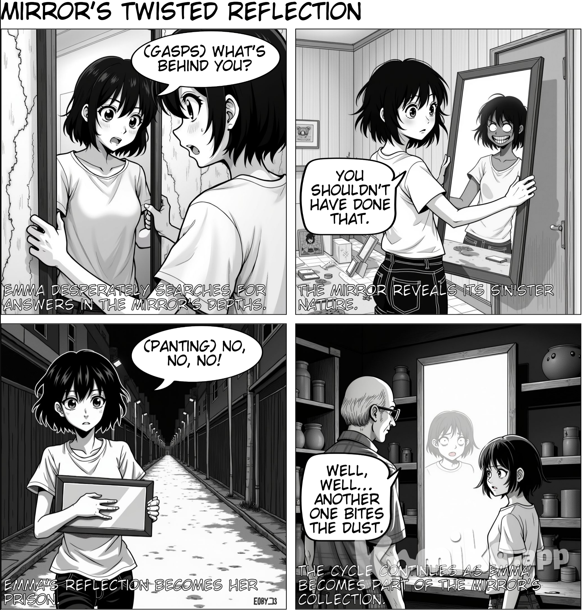 emma have a short hair and the mirror is a long rectangular shape. Desperate, Emma pulls the mirror off the wall and looks behind it. She finds a hidden note.  The figure in the mirror now looks angry, its face twisted. Emma runs out of the house, the mirror in her arms.  As Emma runs, she looks into the mirror. To her horror, she sees her own face inside the mirror, trapped.  The store owner finds the mirror back in his shop, now glowing. In the reflection, Emma’s face appears, trapped inside.