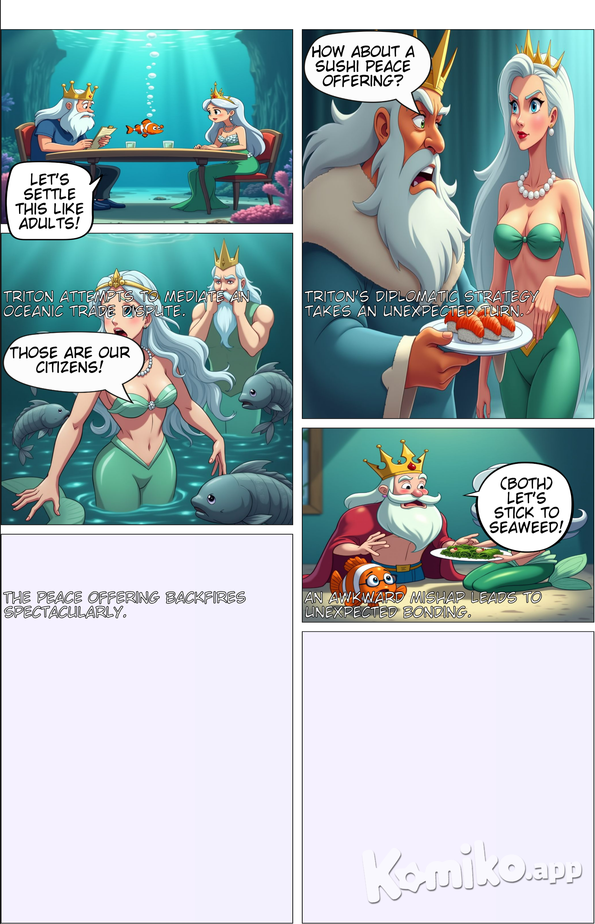 Triton's Justice    In the depths of the ocean, two mighty kingdoms, Atlantis and Thalassia, find themselves on the brink of conflict over a border trade dispute. King Triton of Atlantis, known for his wisdom and strategic brilliance, steps forward to mediate peace. As tensions rise, the Atlantean ruler must devise a solution that not only prevents war but also strengthens the bonds between the two kingdoms.    With his vision of unity and prosperity, Triton proposes a bold strategy, leveraging the unique resources of Atlantis to create a mutually beneficial agreement. Through calm negotiation and clever diplomacy, he transforms skepticism into trust, securing a historic alliance that will ensure peace across the seas.    This is a story of leadership, strategy, and the power of collaboration, showcasing how even the greatest disputes can be resolved through understanding and shared purpose.