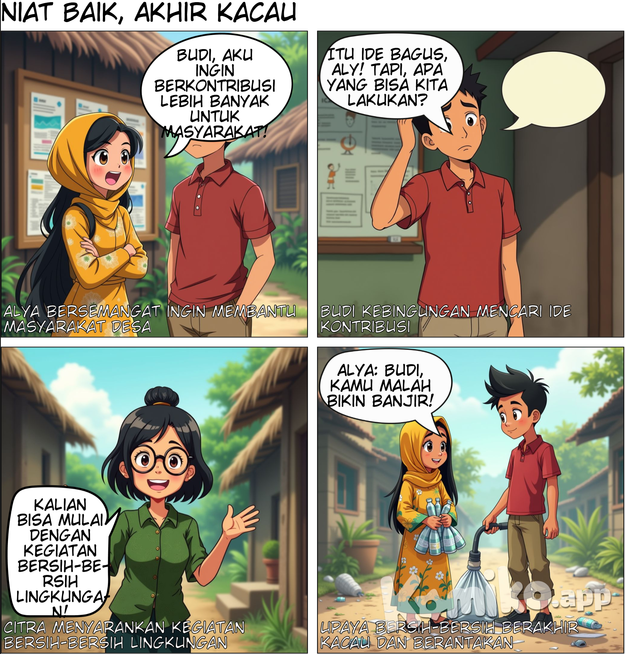Panel 1: Gambar: Alya dan Budi berdiri di depan papan pengumuman di pusat komunitas di desa . Alya: “Budi, aku ingin berkontribusi lebih banyak untuk masyarakat!” Panel 2: Gambar: Budi terlihat berpikir sambil menggaruk kepala. Budi: “Itu ide bagus, Aly! Tapi, apa yang bisa kita lakukan?” Panel 3: Gambar: Citra muncul dengan senyuman. Citra: “Kalian bisa mulai dengan kegiatan bersih-bersih lingkungan!”