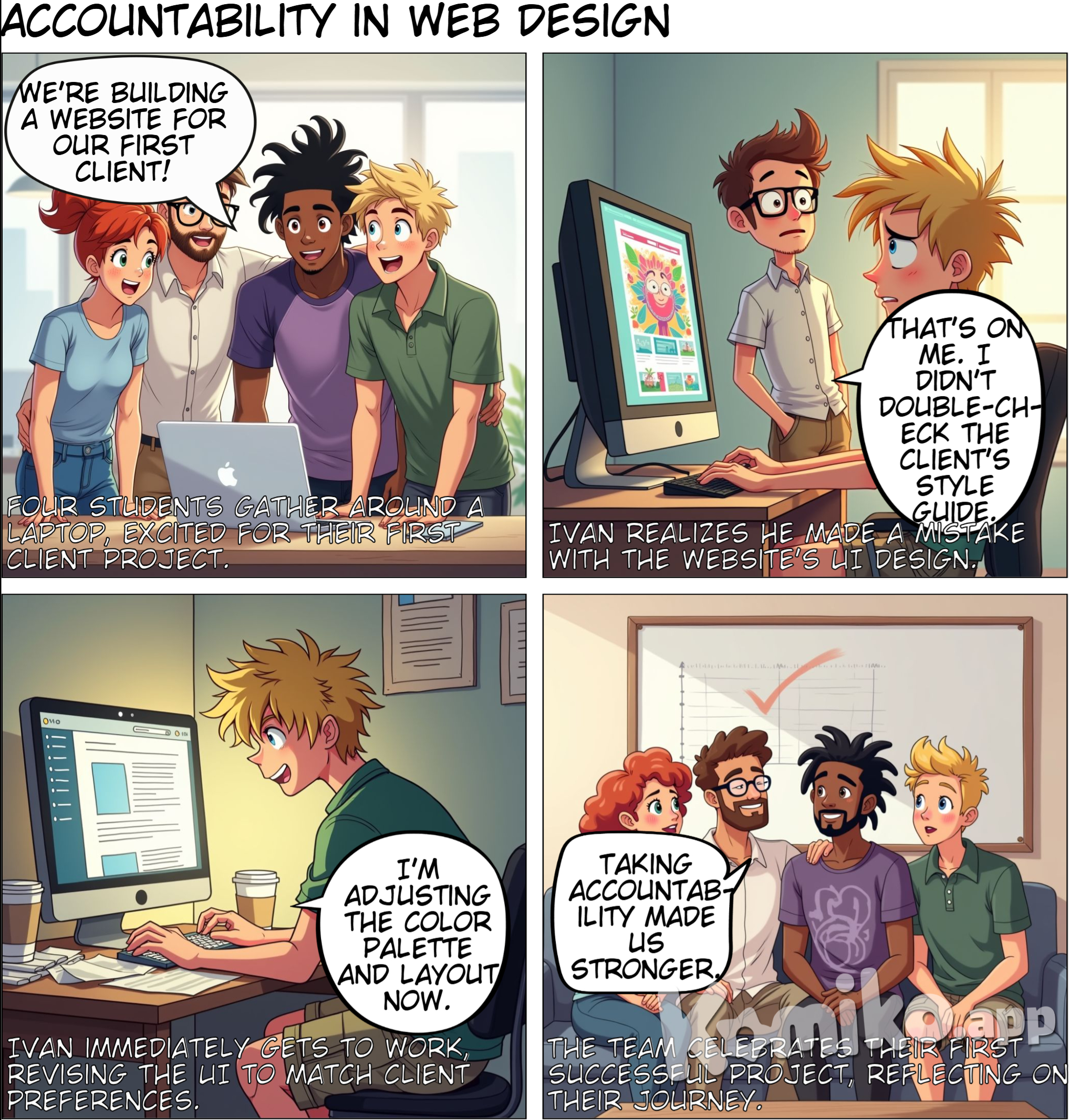 [Accountability]   Panel 1:  The four students gather around a laptop, excited for their first client project.  Fiona (excited): “We’re building a website for our first client! This is huge!”  Shane (serious but excited): “It’s our first big project. We have to make this perfect.”  ---  Panel 2:  The team starts assigning tasks, each with their laptop out, planning the workflow.  Raphael (typing on a laptop): “I’ll handle the backend development.”  Ivan (pointing at a notepad): “I’ll work on the UI design. Let’s make it visually stunning.”  ---  Panel 3:  The team is hard at work, laptops open, everyone focused.  Shane (determined): “We need the client’s business logic to flow smoothly. I’ll draft the initial wireframe.”  Fiona (typing fast): “I’m setting up the database now.”  ---  Panel 4:  The group sits down to review the first draft of the website. Shane notices something off with the UI.  Shane (looking closely): “Hold on... the UI doesn’t match the client’s preferences.”  Fiona (curious): “Didn’t they ask for a minimalist theme with soft colors?”  ---  Panel 5:  The group turns to Ivan, who designed the UI.  Shane (concerned): “Who was in charge of the design?”  Ivan (regretful): “That’s on me. I didn’t double-check the client’s style guide.”  ---  Panel 6:  Ivan feels the pressure but takes responsibility.  Ivan (apologetic): “I’m sorry, everyone. I didn’t notice it sooner. I’ll fix it right away.”  Fiona (supportive): “It’s okay, Ivan. We still have time. Let’s catch up and make it right.”  ---  Panel 7:  Ivan immediately gets to work, reviewing the client’s branding guidelines and revising the UI.  Ivan (focused, typing): “I’m adjusting the color palette and layout now. I’ll have it ready by tomorrow.”  ---  Panel 8:  The next day, the group gathers around to review the final version of the website after Ivan’s changes.  Fiona (checking the screen): “The back-end’s all set.”  Raphael (nodding): “And the front-end looks much better. The design matches the client’s branding now.”  ---  Panel 9:  They sit nervously in front of the client, showing off the revised website.  Client (looking impressed): “This looks fantastic. You really captured our brand now.”  ---  Panel 10:  The client gives feedback, mentioning only a few minor tweaks.  Client (kindly): “Just a couple of minor adjustments, but overall, great job!”  Ivan (relieved): “I’ll make those adjustments right away.”  ---  Panel 11:  The group celebrates their first successful project.  Shane (laughing): “We did it! Our first client project done!”  Fiona (proud): “And we owned up to every step of it.”  ---  Panel 12:  They sit together, reflecting on the journey.  Raphael (seriously): “Taking accountability made us stronger. We caught mistakes because we worked together.”  Ivan (thoughtful): “Yeah, we didn’t point fingers. We just fixed things and moved forward.”  ---  Panel 13:   The team looks forward to the next project, more confident and unified.  Fiona (smiling): “This is just the beginning. If we stay accountable like this, we’ll be unstoppable.”  (All members are smiling)