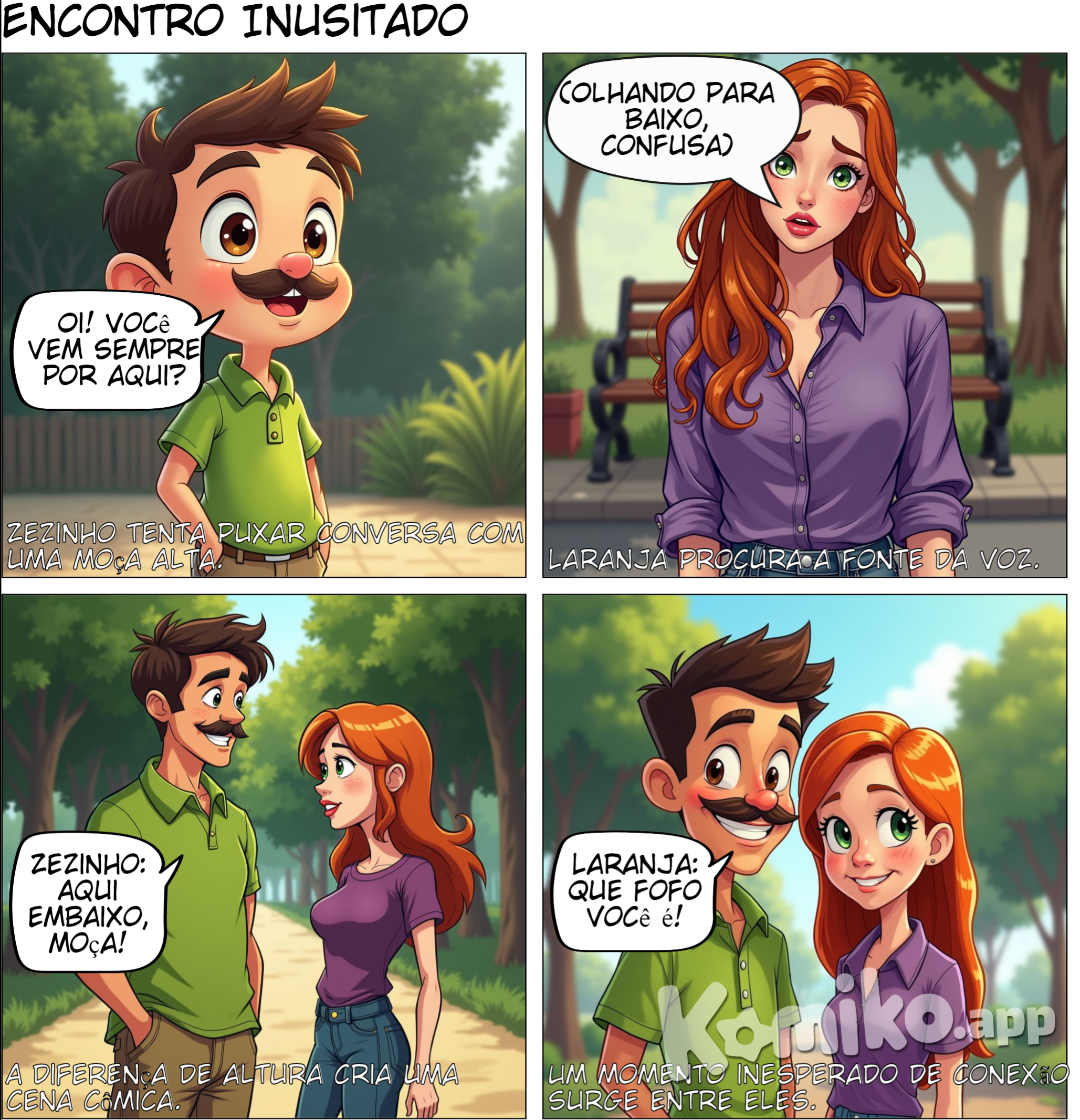 menino muito baixo de bigode e com olhos muito juntos e sorriso torto conversando com uma moça branca de cabelos laranja bem escuro