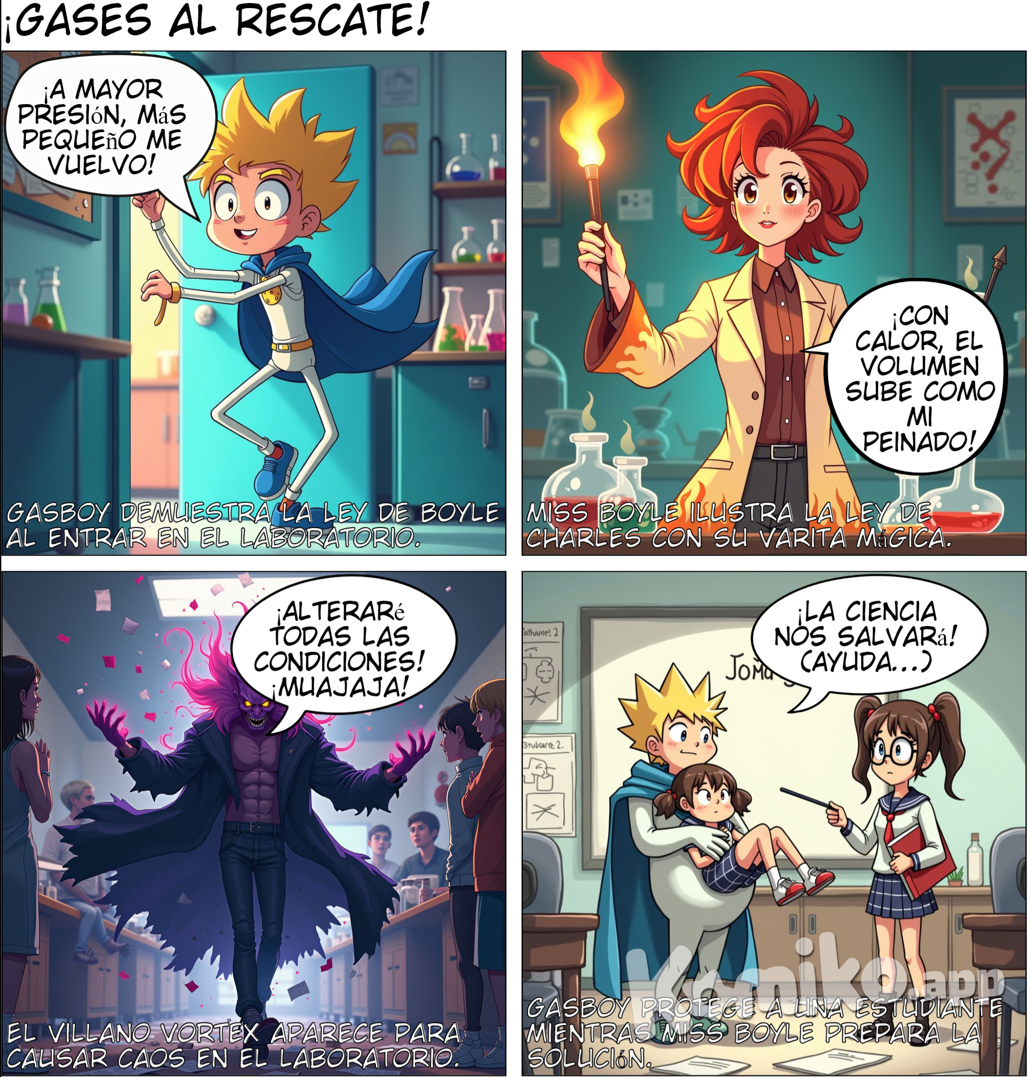 Para crear un cómic sobre los gases y sus leyes para estudiantes de noveno grado, aquí tienes una estructura divertida y educativa: **Título del cómic**: *"Los Increíbles Gases y sus Superpoderes"* **Personajes principales**: 1 **GasBoy** – El héroe que cambia de tamaño según la presión. 2. **Miss Boyle** – La sabia que controla la temperatura. 3. **Capitán Avogadro** – El experto en partículas. 4. **Sr. Charles** – El defensor de los volúmenes. 5. **El villano: Vortex** – El caos de las condiciones extremas. --- **Página 1**: - **Escena**: Un laboratorio escolar. - **Narrador**: "En un mundo lleno de misterios científicos, cuatro héroes luchan por mantener el equilibrio en el reino de los gases". - **Panel 1**: GasBoy, con una capa y cuerpo flexible, entra en una sala. - **GasBoy**: "¡Depende de mí ajustar mi tamaño! ¡A mayor presión, más pequeño me vuelvo!" - *(Explicando la Ley de Boyle: P1 * V1 = P2 * V2)*. - **Panel 2**: Miss Boyle levanta una varita mágica que irradia calor. - **Miss Boyle**: "¡Cuando aumenta la temperatura, el volumen también sube!" - *(Explicación de la Ley de Charles: V1/T1 = V2/T2)*. --- **Página 2**: - **Escena**: Un campo de batalla de átomos. - **Panel 1**: El Capitán Avogadro sostiene un contador de partículas. - **Capitán Avogadro**: "¡El número de partículas de gas en un volumen es siempre el mismo en condiciones iguales! ¡Ese es mi poder!" - *(Explicando el Principio de Avogadro: V = nRT/P)*. - **Panel 2**: Aparece Vortex, el villano, causando caos con presión y temperatura extremas. - **Vortex**: "¡Veamos cómo te manejas cuando altero las condiciones!" - **Narrador**: "¡La Ley de los Gases Ideales es lo único que puede salvar el día!" --- **Página 3**: - **Escena**: El equipo se reúne para luchar contra Vortex. - **Panel 1**: GasBoy y Miss Boyle trabajan juntos. - **GasBoy**: "¡Usa la temperatura, señorita Boyle, y mantendré el volumen bajo control!" - **Panel 2**: El Capitán Avogadro lanza su contador de partículas. - **Capitán Avogadro**: "¡Necesitamos un equilibrio entre presión, volumen y temperatura!" - *(Explicación: La ecuación de los gases ideales: PV = nRT)*. - **Panel 3**: Vortex es derrotado y el equilibrio es restaurado. - **Vortex**: "¡Nooooo! ¡La ciencia siempre gana!" --- **Última página**: - **Panel 1**: Los héroes sonríen, mientras GasBoy sujeta un globo inflado. 