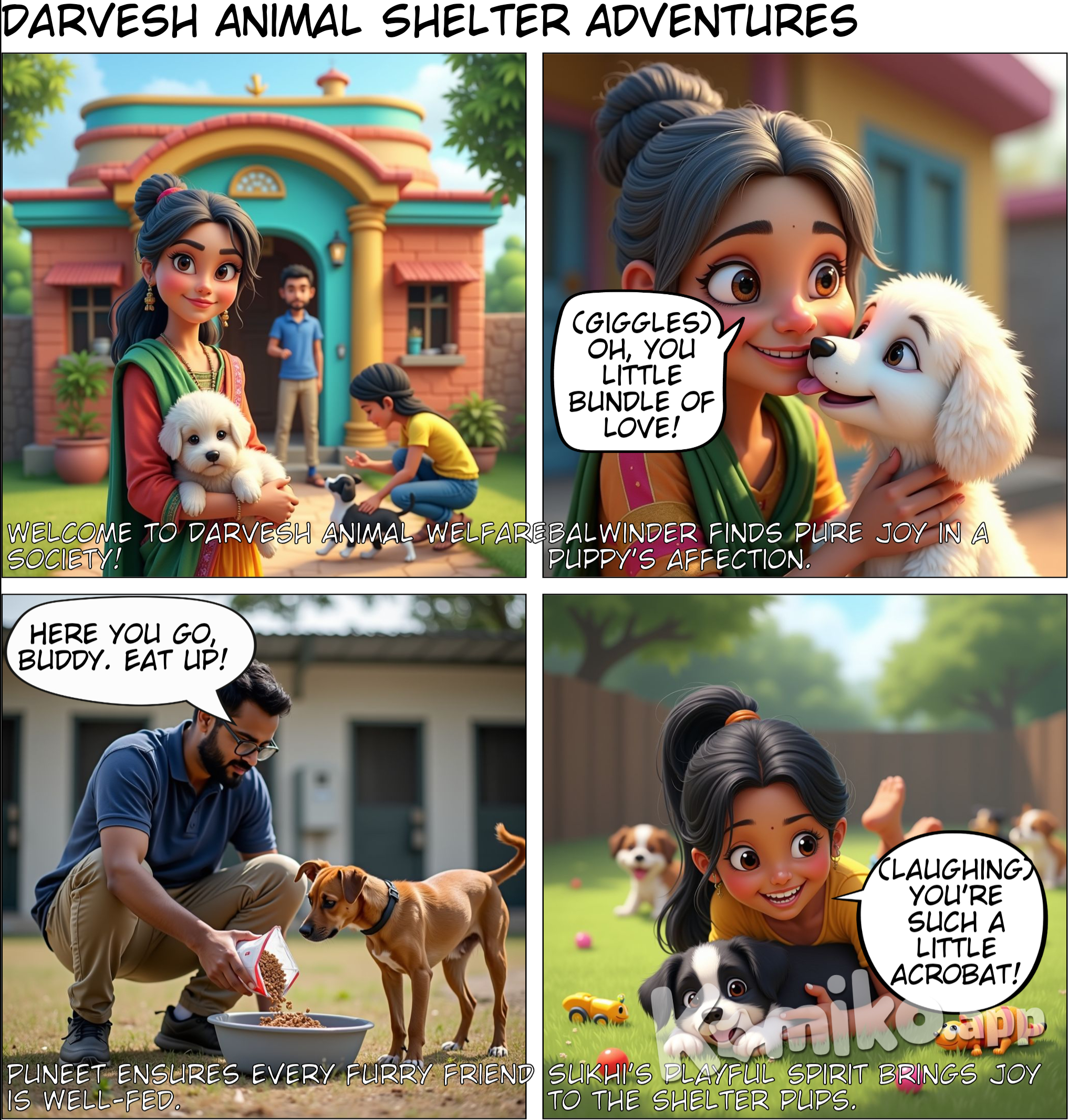 Panel 1: (Wide shot of the Darvesh Animal Welfare Society shelter) Caption: "Welcome to Darvesh Animal Welfare Society!" In the foreground, Balwinder Kaur is seen holding a fluffy puppy, smiling at its antics while Puneet feeds a dog in the background. Sukhi is playing with a playful puppy nearby.