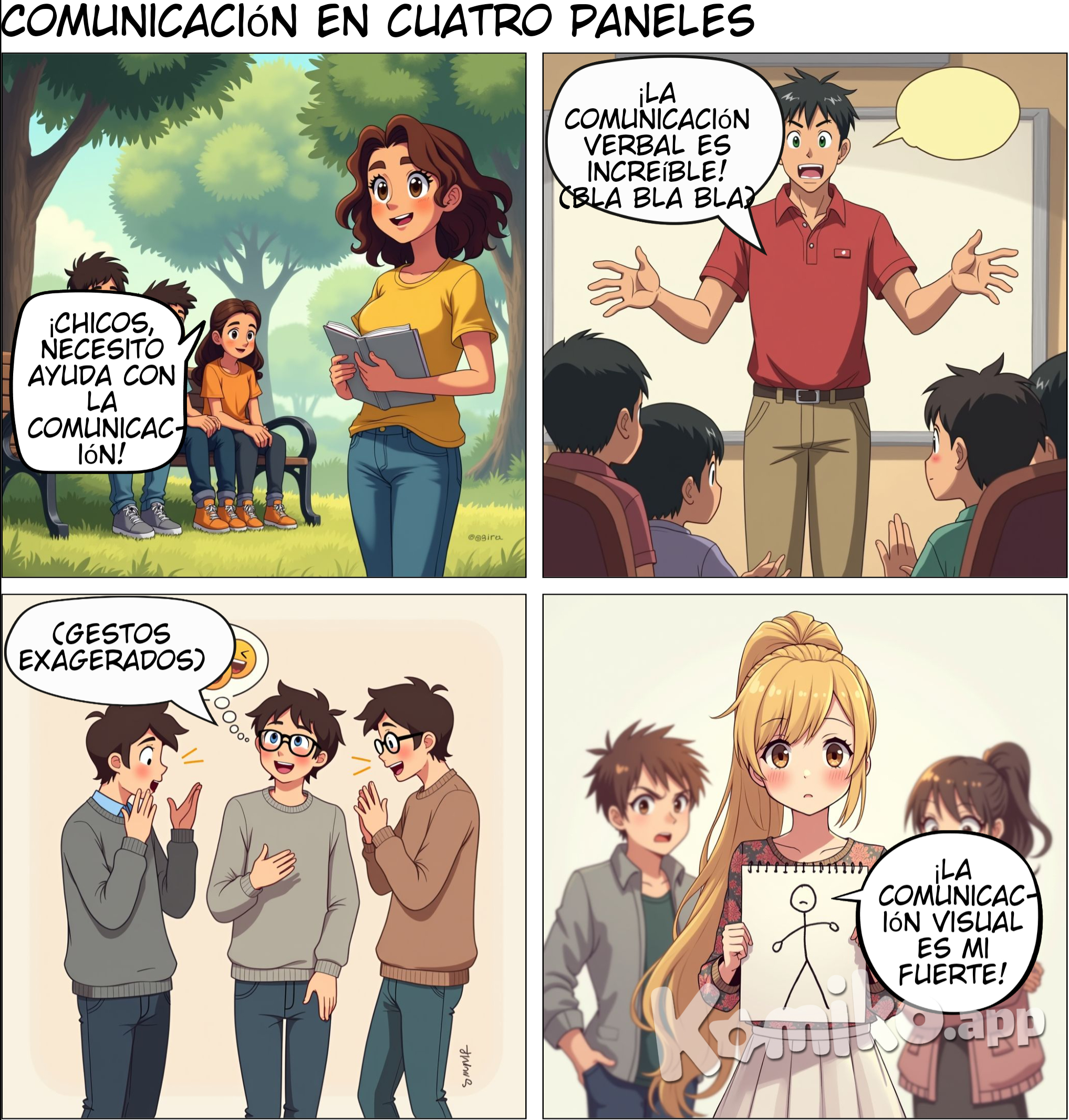Título: Los 4 tipos de comunicación Personajes principales: Ana: Curiosa, le gusta aprender. Tomás: Le gusta hablar en público. Carlos: Es tranquilo y observador. Mariana: Creativa, le gusta dibujar. --- Escena 1: Introducción Los amigos están sentados en una banca del parque. Ana saca un cuaderno mientras los demás la observan. Ana: (emocionada) Chicos, tenemos que hacer un trabajo sobre los tipos de comunicación. ¡Pero necesito ayuda! ¿Alguien sabe cuántos tipos existen? Tomás: (alzando la mano) ¡Yo lo sé! Hay cuatro tipos principales: comunicación verbal, no verbal, escrita y visual. Y podemos hacer una presentación increíble sobre eso. Mariana: (curiosa) ¿En serio? Nunca había pensado en cuántas formas usamos para comunicarnos todos los días. Carlos: (tranquilo) Yo tampoco, pero ahora que lo dices, tiene sentido. Todo el tiempo estamos enviando mensajes de una u otra forma. --- Escena 2: Comunicación directa Tomás se levanta de la banca y comienza a hablar con entusiasmo. Los demás lo observan con atención. Tomás: (entusiasta) La comunicación verbal es la más común. Es cuando usamos palabras para hablar y expresar lo que pensamos o sentimos. Como lo que estoy haciendo ahora mismo. Nos entendemos gracias al lenguaje. Ana: (asintiendo) ¡Es verdad! Sin palabras sería muy difícil entendernos, sobre todo en situaciones complicadas. Tomás: (haciendo un gesto con la mano) Imagínense en una clase, si el profesor no hablara, sería casi imposible aprender. ¡Tendríamos que adivinar todo! (Aparecen burbujas de diálogo con lo que Tomás está diciendo para destacar la comunicación verbal.) Mariana: (riéndose) ¡O tendríamos que ser adivinos! Carlos: (sonriendo) Es cierto. Pero a veces, las palabras no son suficientes. --- Escena 3: Comunicación indirecta Carlos, que es más tranquilo, se inclina hacia adelante y sonríe mientras levanta las manos para hacer un gesto. Carlos: (calmado) Exactamente, Tomás. La comunicación no verbal es igual de importante. Usamos gestos, expresiones faciales y lenguaje corporal para transmitir cosas sin necesidad de hablar. (Carlos levanta el pulgar y todos lo observan.) Carlos: (explicando) Miren, si levanto el pulgar, ¿qué creen que quiero decir? Ana: (sonriendo) ¡Que todo está bien! Mariana: (entusiasmada) ¡Exacto! A veces, un gesto puede decir mucho más que mil palabras. Carlos: (asintiendo) O cuando alguien está triste. Solo con ver su cara, sabemos que algo le pasa, aunque no diga nada. (En la historieta, se pueden mostrar diferentes gestos: una sonrisa, una ceja levantada, un pulgar arriba, etc.) Tomás: (pensativo) Tienes razón. A veces, cuando hablo en público, no solo importan las palabras, sino cómo me muevo y mi expresión. --- Escena 4: Comunicación bidireccional Ana saca su cuaderno y comienza a escribir rápidamente algo en una hoja. Ana: (escribiendo) No podemos olvidar la comunicación escrita. Escribir es otra forma de comunicarse, ya sea con mensajes de texto, correos electrónicos, o simplemente con cartas. (Muestra su cuaderno con la palabra “Hola” escrita en él.) Ana: (mostrando el cuaderno) ¡Miren! Aunque no estoy hablando, les estoy diciendo algo con esta palabra escrita. Tomás: (riendo) ¡Hola, Ana! Mariana: (sonriendo) ¡Es verdad! Y lo mejor de la escritura es que podemos guardar lo que escribimos. Los mensajes quedan registrados. Carlos: (reflexivo) Sí, como cuando enviamos mensajes a alguien que está lejos. No tenemos que estar cara a cara para comunicarnos. Ana: (asintiendo) ¡Exactamente! Y lo mejor es que, si olvidamos algo, siempre podemos volver a leerlo. Es como un recuerdo que queda. --- Escena 5: Comunicación unidireccional Mariana saca un lápiz y empieza a dibujar con rapidez en su cuaderno, mientras los demás la observan con curiosidad. Mariana: (dibujando) Y por último, está la comunicación visual. A veces, una imagen puede transmitir mucho más que las palabras. Por ejemplo, este dibujo de una cara feliz. (Muestra un dibujo de una carita sonriente en su cuaderno.) Mariana: (sonriendo) ¡No he dicho nada! Pero todos saben que esta carita está contenta, ¿verdad? Tomás: (entusiasmado) ¡Claro! Las imágenes también comunican mucho, por eso los carteles y las señales de tráfico son tan importantes. Carlos: (asintiendo) O el arte. El arte puede transmitir sentimientos, ideas y hasta historias sin necesidad de usar palabras. (Se muestra una viñeta con diferentes imágenes: una carita feliz, un cartel de tráfico, una obra de arte.) Ana: (pensativa) Nunca había pensado en cómo las imágenes pueden ser tan poderosas. Todo el tiempo las usamos, ¡incluso en las redes sociales! --- Escena 6: Conclusión Los cuatro amigos se miran satisfechos. Han compartido muchas ideas y se sienten preparados para su proyecto. Ana: (sonriendo) ¡Qué increíble! Todos los días usamos estos cuatro tipos de comunicación sin darnos cuenta. Tomás: (levantando un dedo) Exacto, ya sea hablando, escribiendo, haciendo gestos o mostrando imágenes, siempre estamos comunicándonos. Mariana: (entusiasmada) ¡Ahora tenemos todo para hacer nuestro trabajo! Podemos usar ejemplos de los cuatro tipos para explicar mejor. Carlos: (calmado) Y seguro será muy claro, porque ya sabemos cómo combinarlos bien. (Todos sonríen y se ponen de pie, listos para trabajar en su proyecto.) --- Fin.